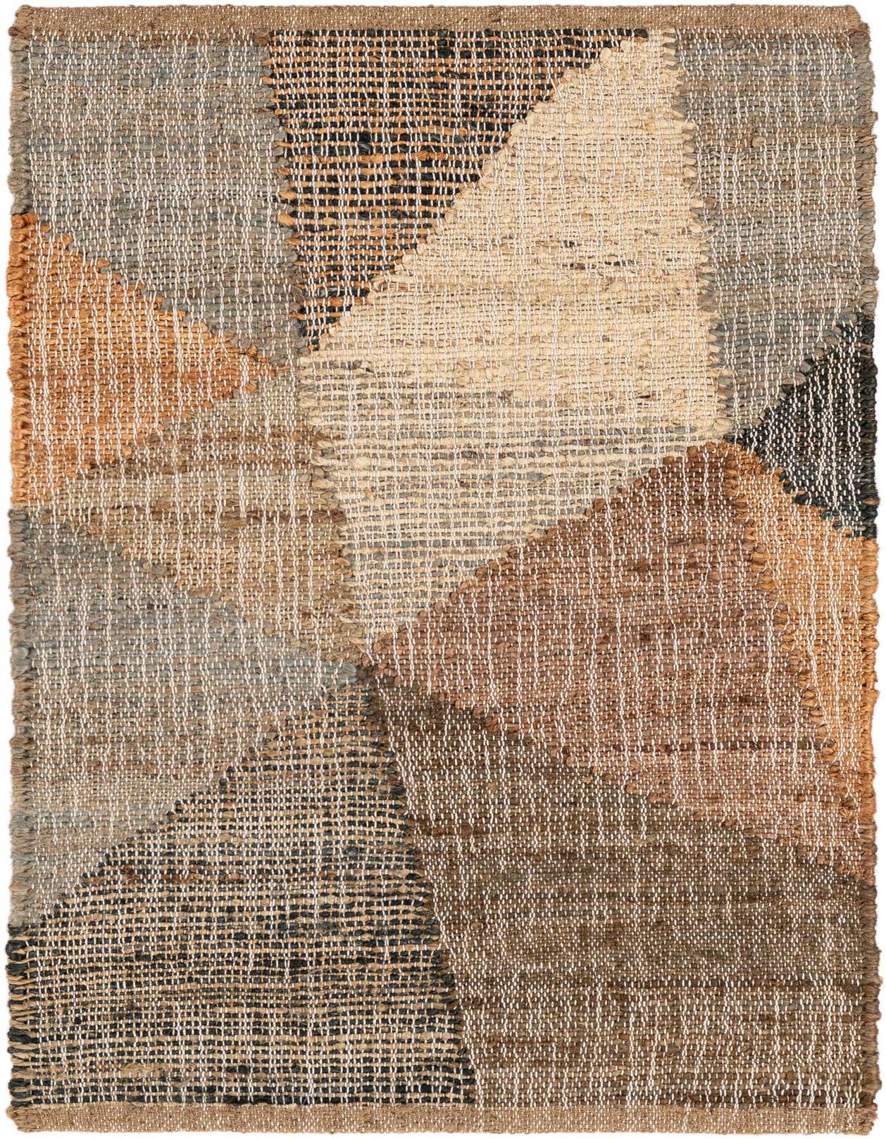A 2x3 rectangular Kilim Jute rug with a multi-colored abstract pattern in natural tones, featuring visible texture.