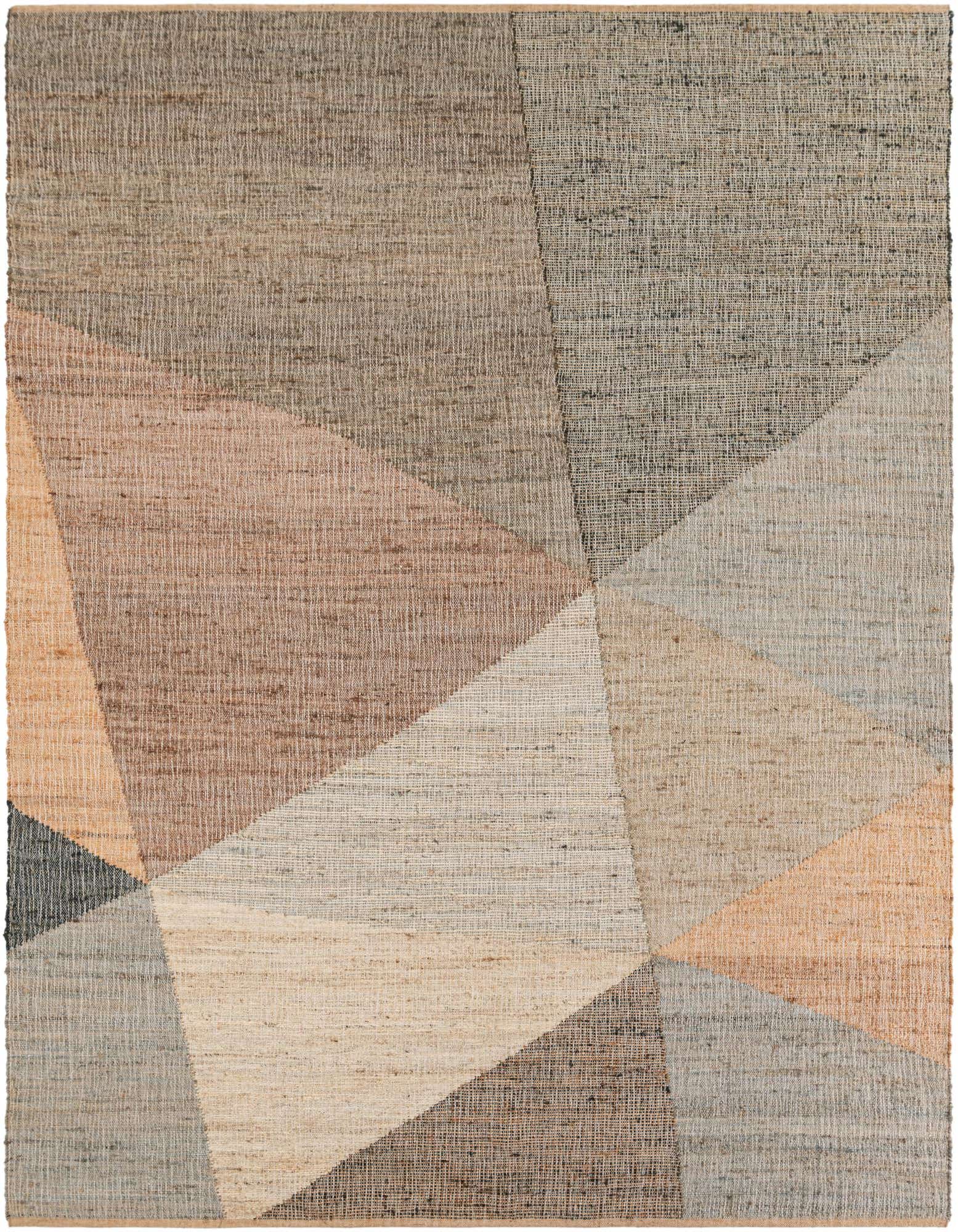 A 9x12 rectangular Kilim Jute rug featuring a modern abstract geometric pattern in multi-colored natural tones.
