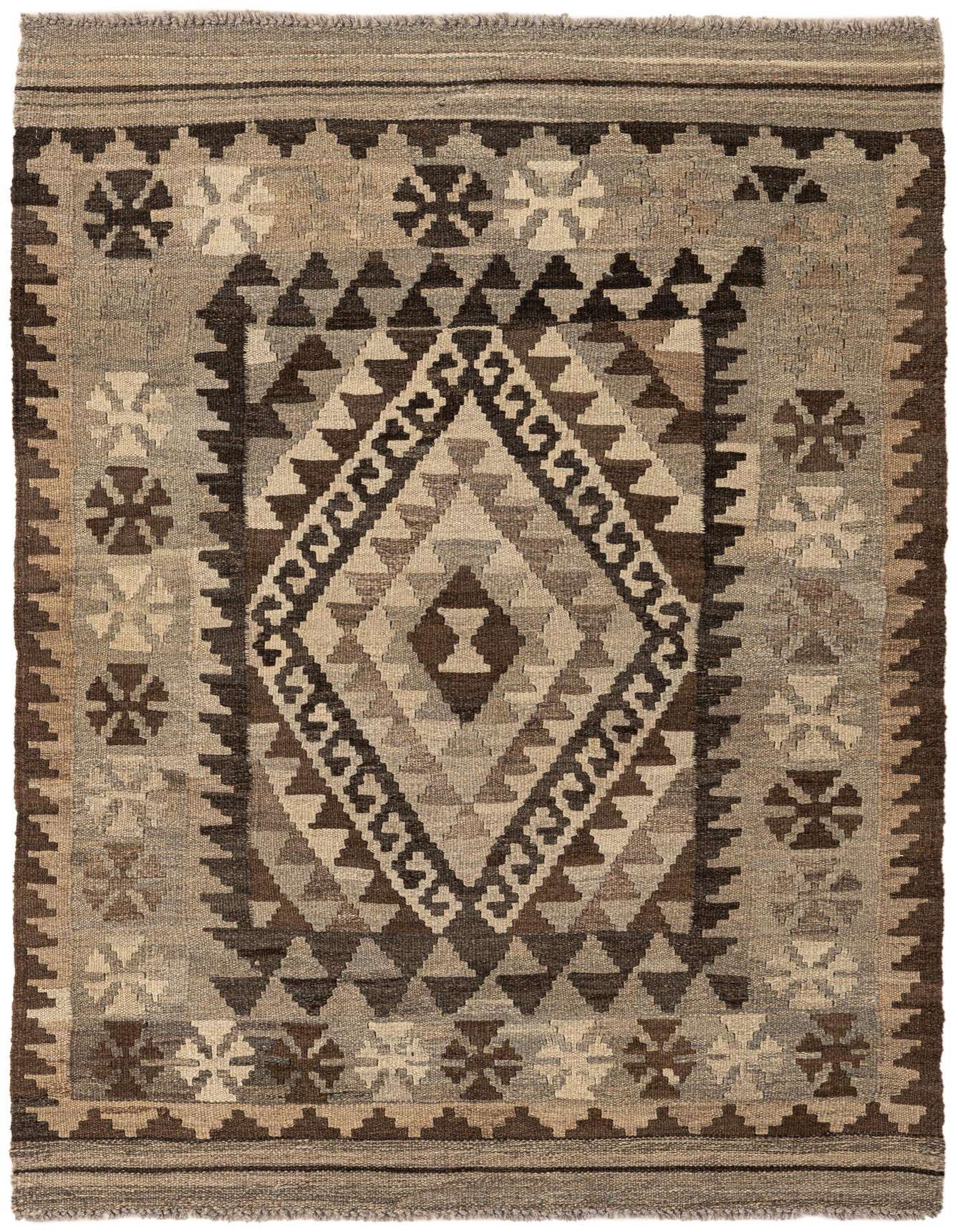 A 3x5 rectangular Kilim Maymana rug with a tribal pattern in shades of brown, beige, and grey.