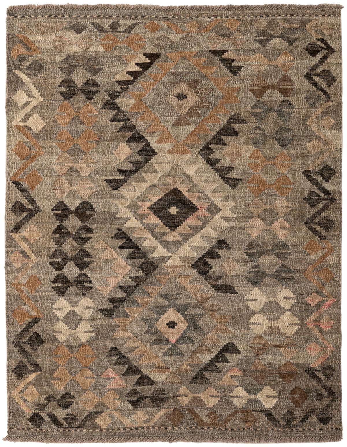 A 3x5 rectangular Kilim Maymana rug with a multi-colored tribal pattern, featuring shades of brown, beige, and black.