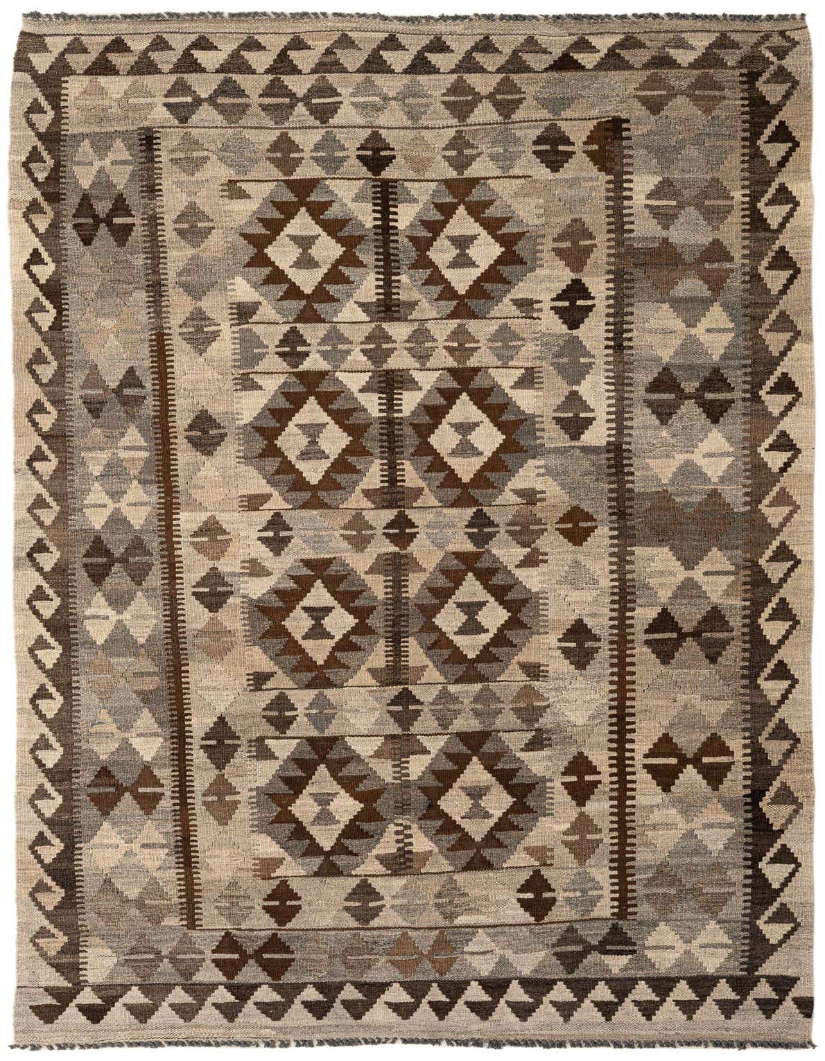 A 5x7 rectangular Kilim Maymana rug featuring a tribal geometric pattern in shades of brown, grey, and beige, with a flatweave texture.