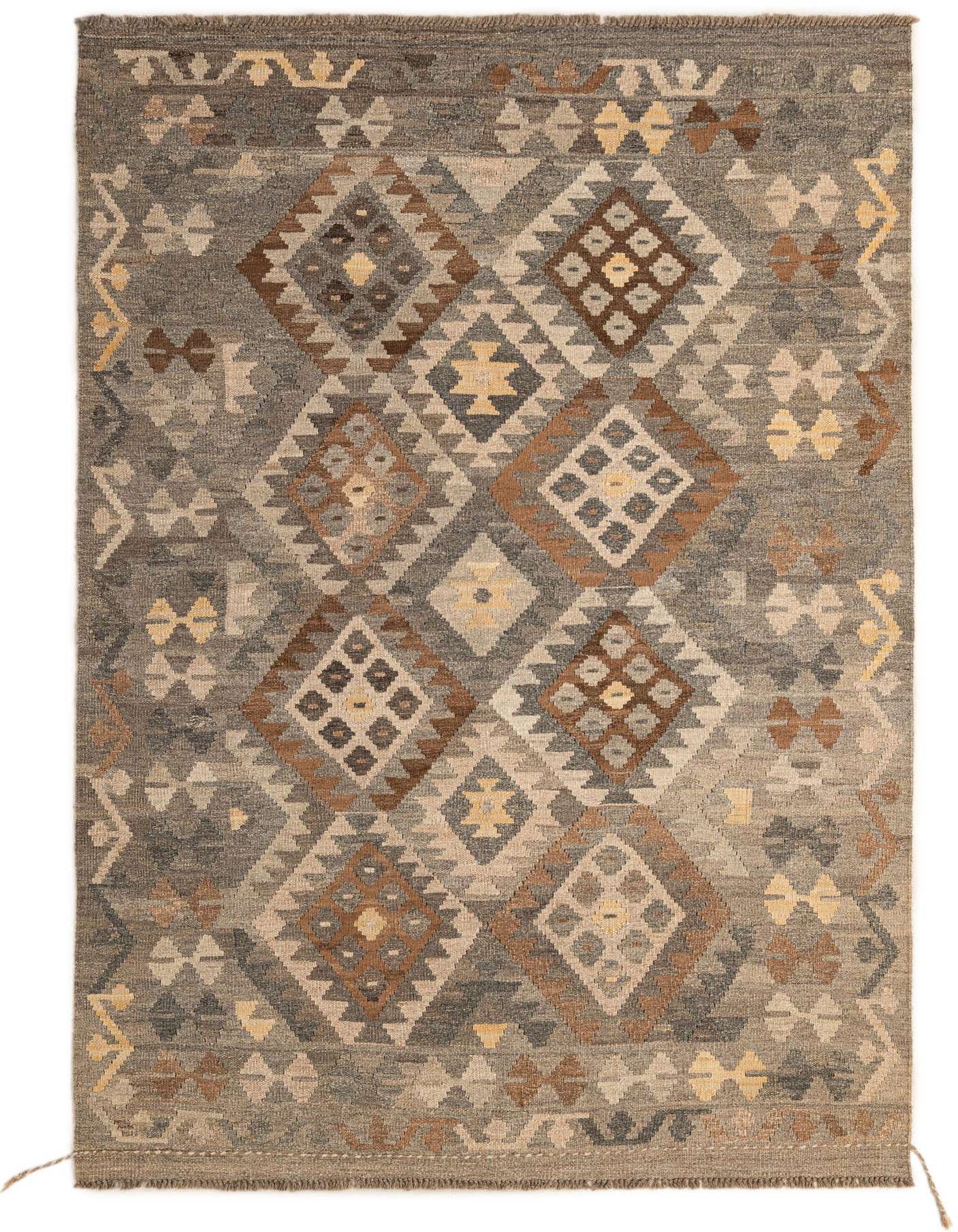 A 4x6 rectangular Kilim Maymana rug featuring a tribal geometric pattern in multi-colored wool, ideal for an entryway or living room.
