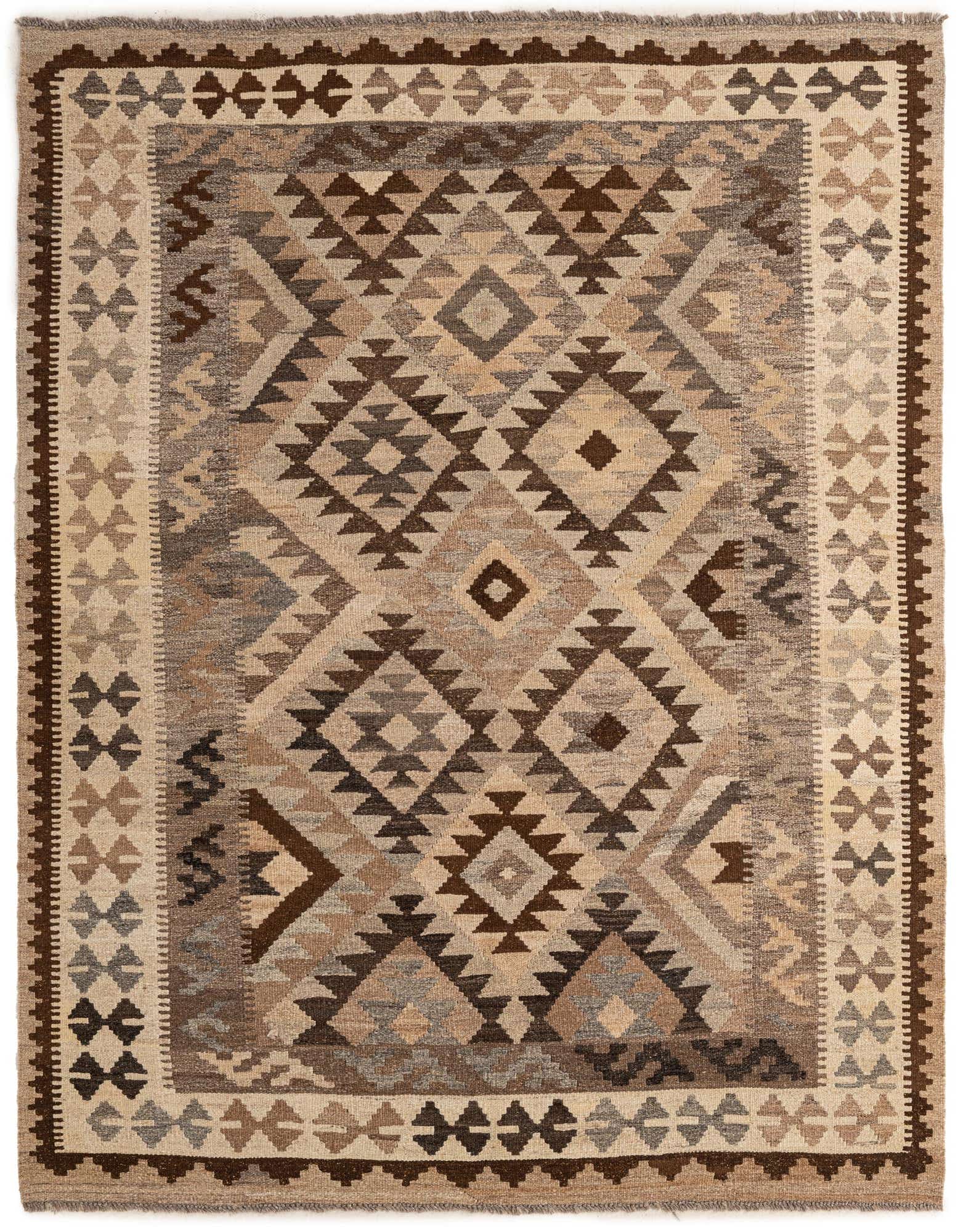 A 5x7 rectangular Kilim Maymana rug featuring a multi-colored tribal pattern with geometric diamonds and triangles in shades of brown, beige, and gray, suitable for an indoor living space.