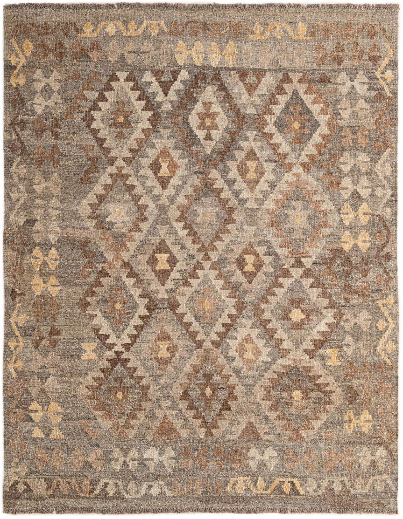 A 5x7 rectangular Kilim Maymana wool rug featuring an Oriental tribal pattern in multi-colored hues.