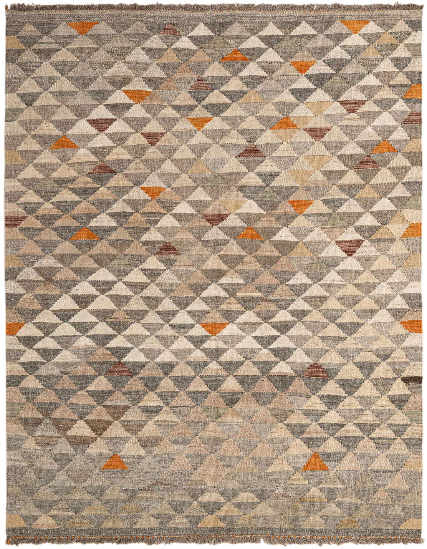 A 5x7 rectangular Kilim Maymana wool rug featuring a tribal geometric pattern of multi-colored triangles in shades of grey, beige, brown, and orange.