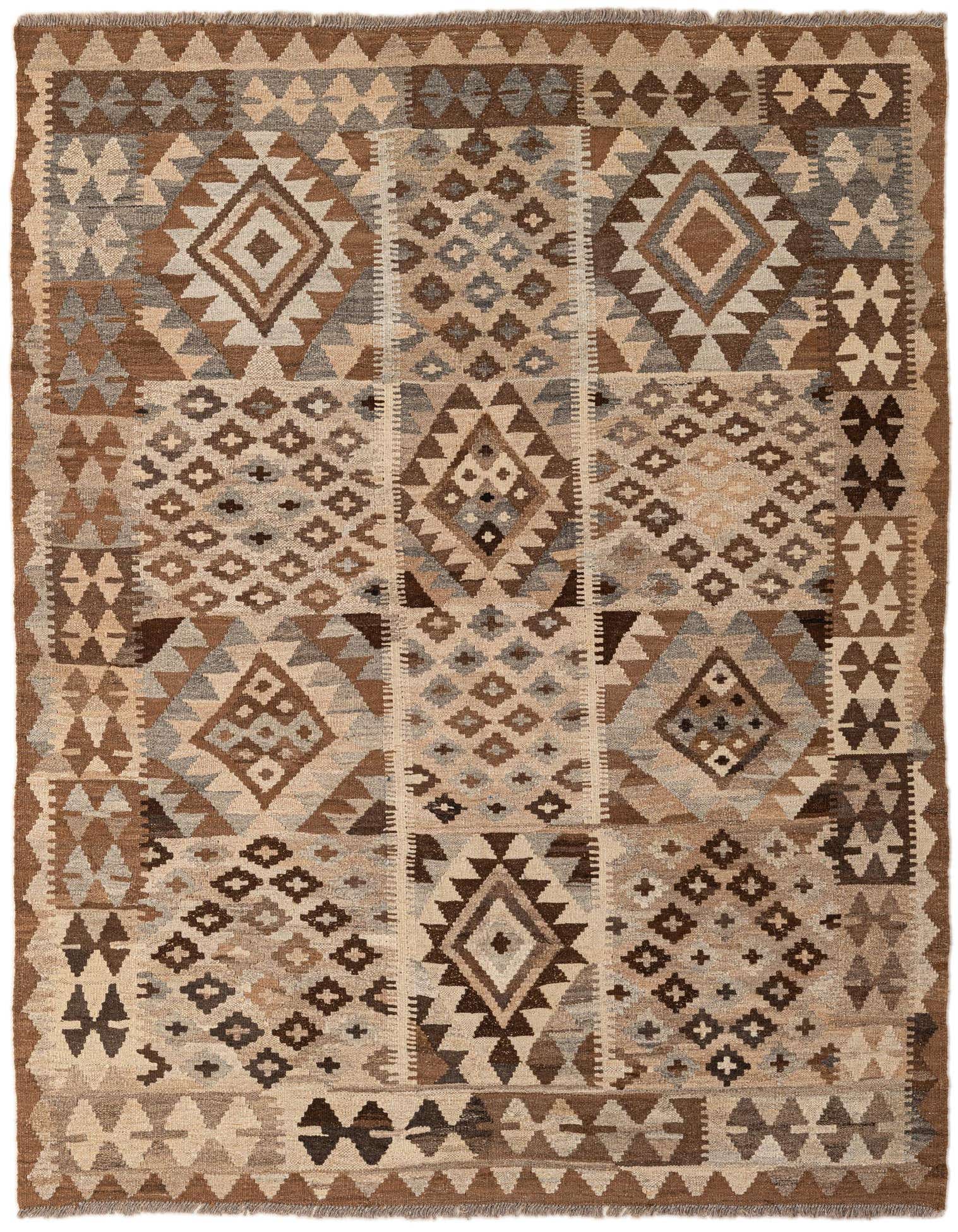 A 5x7 rectangular Kilim Maymana wool rug featuring a multi-colored tribal pattern with geometric shapes and diamonds.