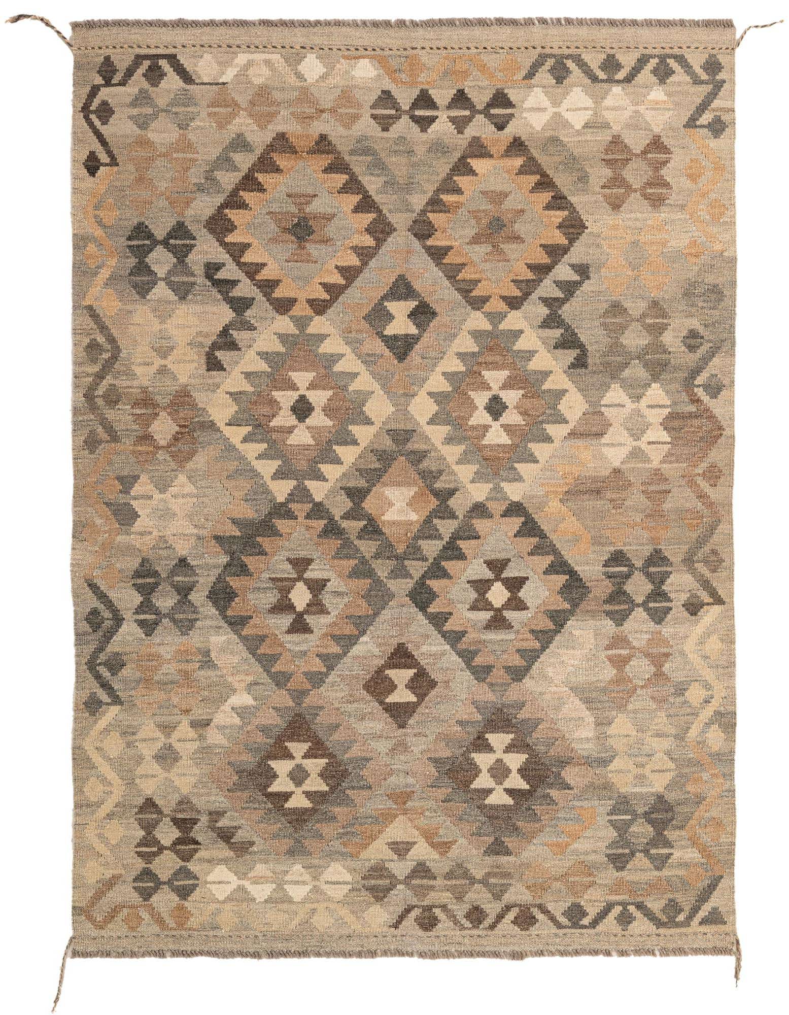 A 5x7 rectangular Kilim Maymana rug featuring a tribal geometric pattern in multi-colored wool, ideal for indoor spaces.