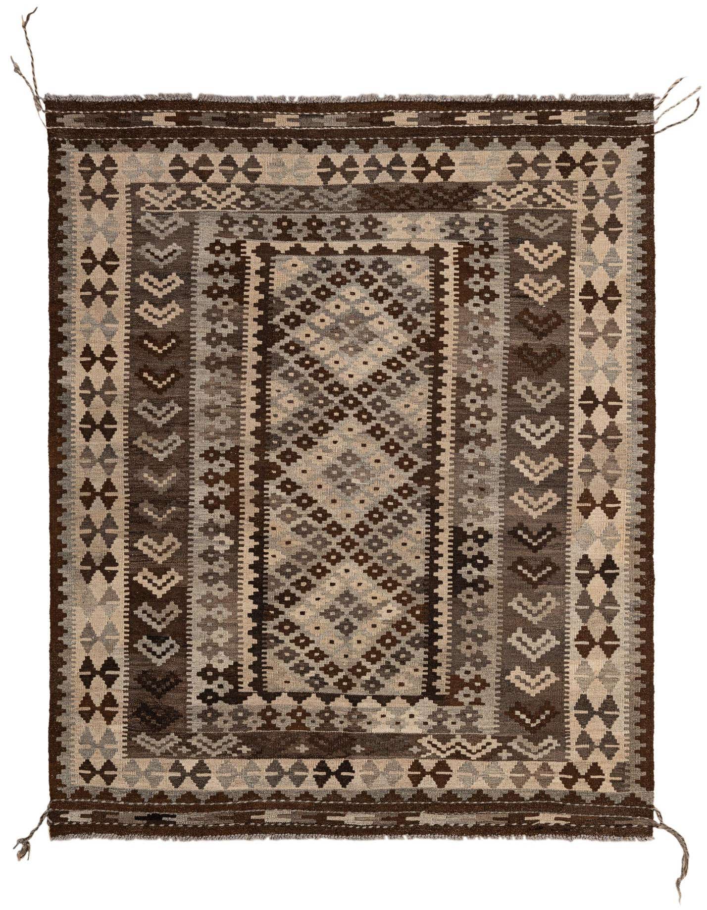 A 5x7 rectangular Kilim Maymana rug featuring a multi-colored tribal pattern with geometric shapes in shades of brown, beige, and grey.