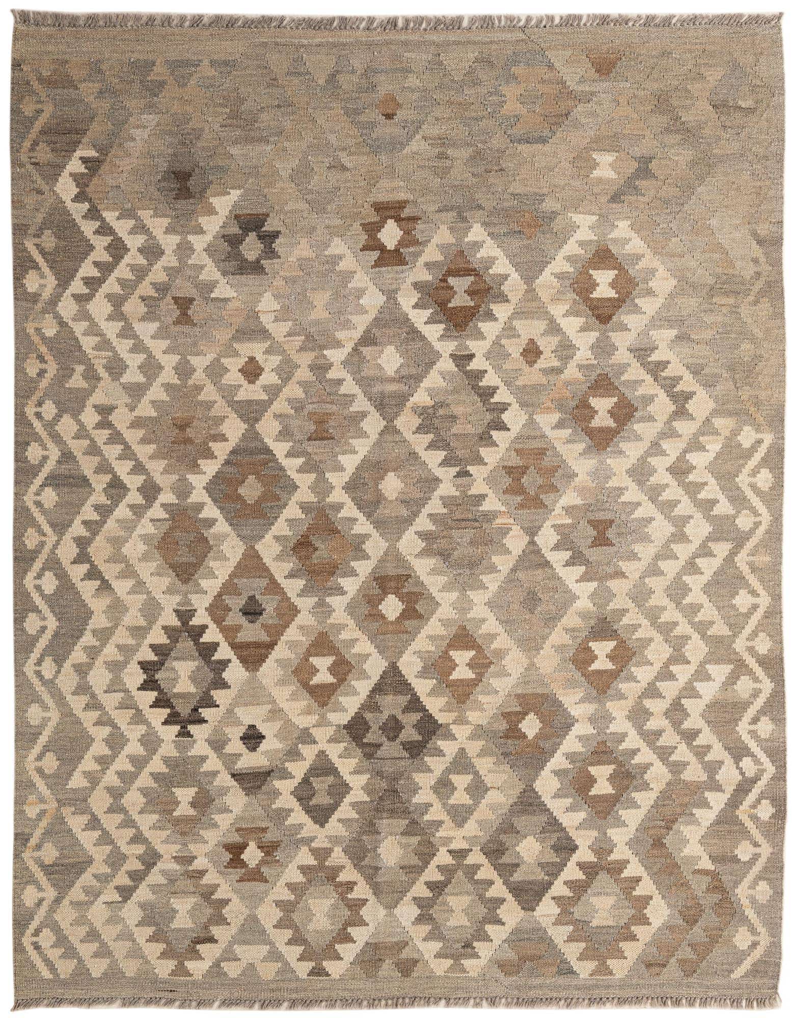 A 5x7 rectangular Kilim Maymana rug featuring a tribal geometric diamond pattern in shades of brown, beige, and gray.