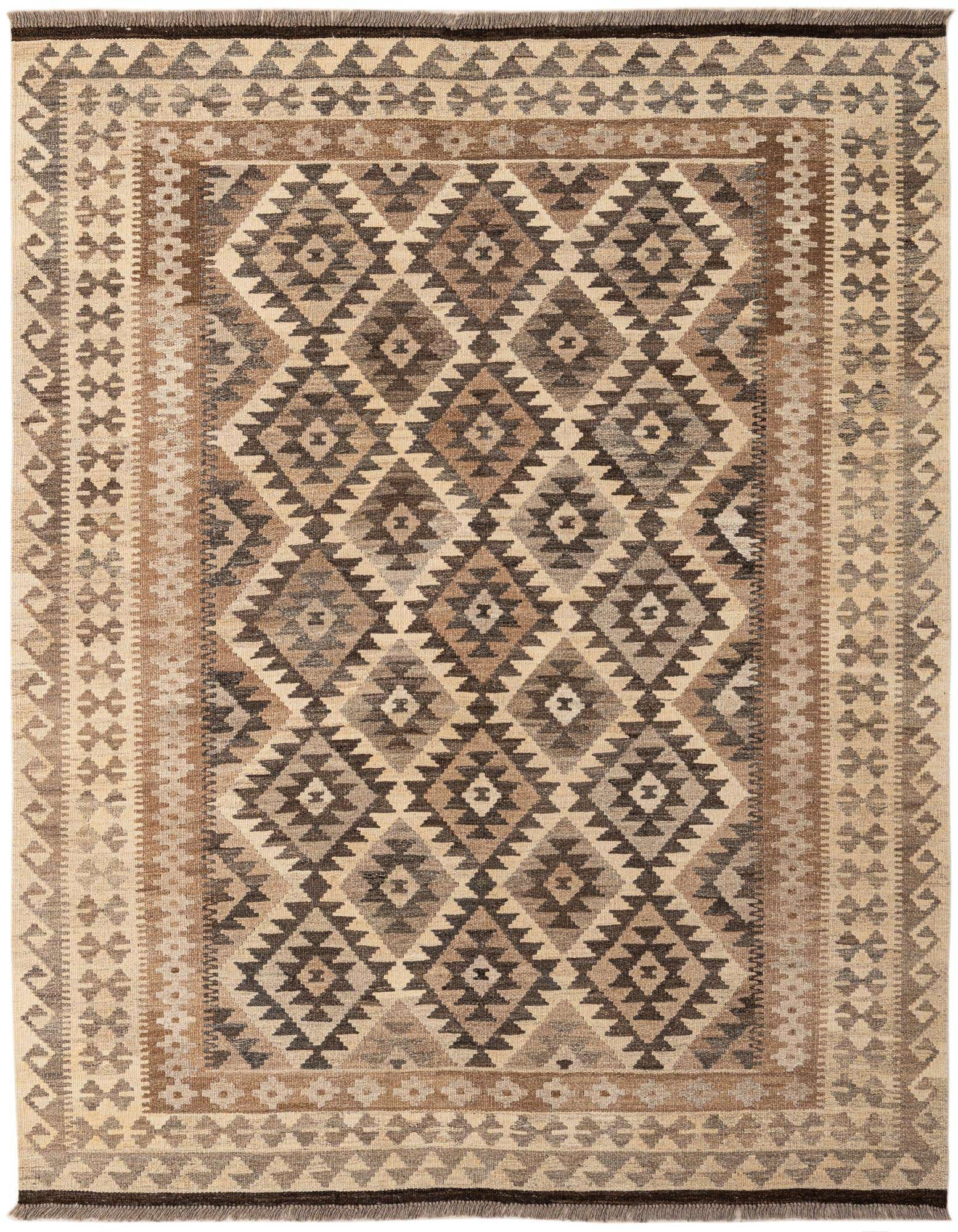 A 5x7 rectangular Kilim Maymana rug featuring a multi-colored tribal geometric pattern in shades of brown, beige, and cream.