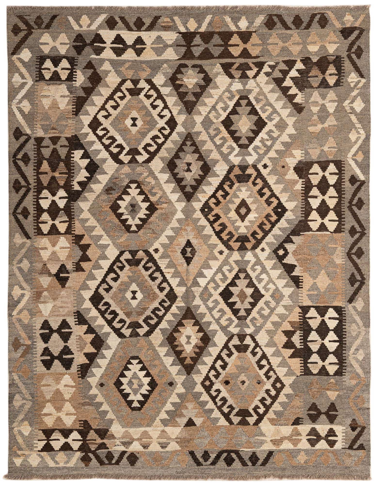 A 5x7 rectangular Kilim Maymana wool rug featuring a multi-colored tribal pattern with diamonds and geometric shapes in shades of brown, beige, and grey.