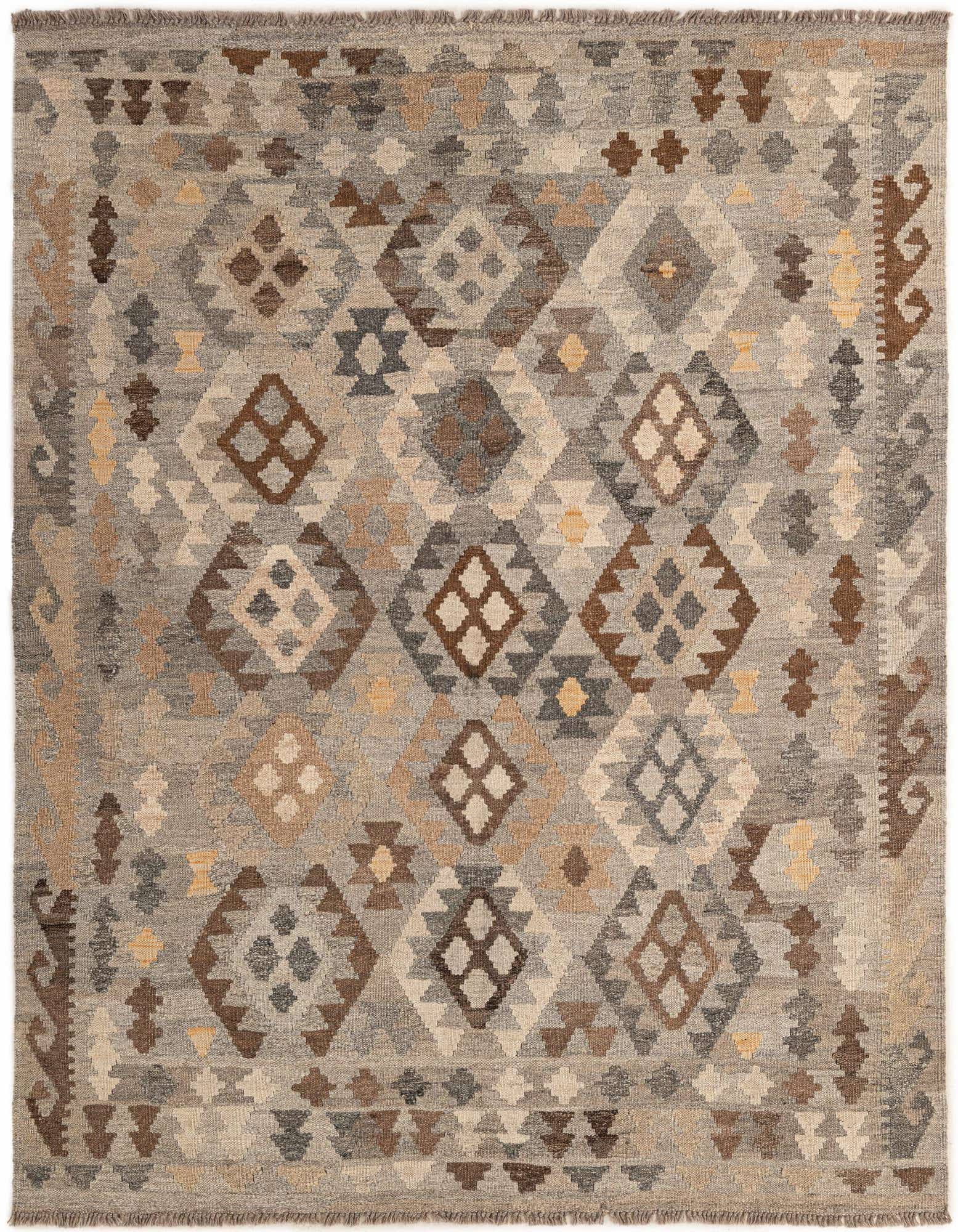A 5x7 rectangular Kilim Maymana rug with a multi-colored tribal pattern in shades of brown, grey, and beige.