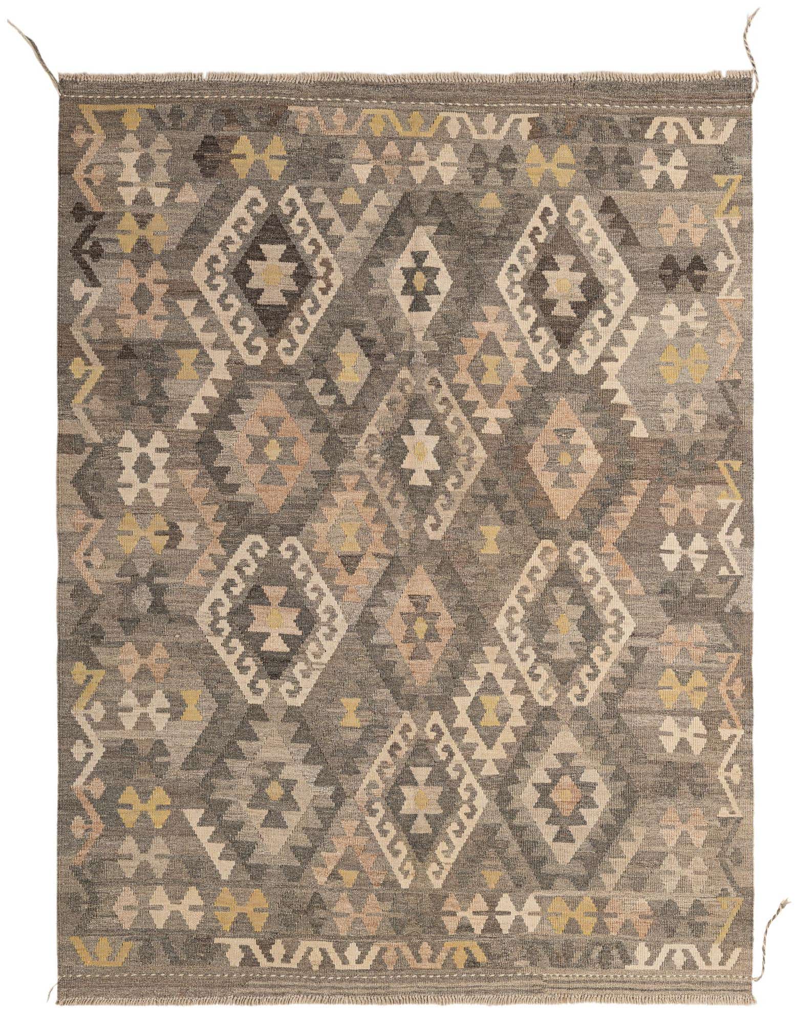A 5x7 rectangular Kilim Maymana wool rug featuring a tribal geometric pattern in multi-colored hues of gray, beige, and yellow.