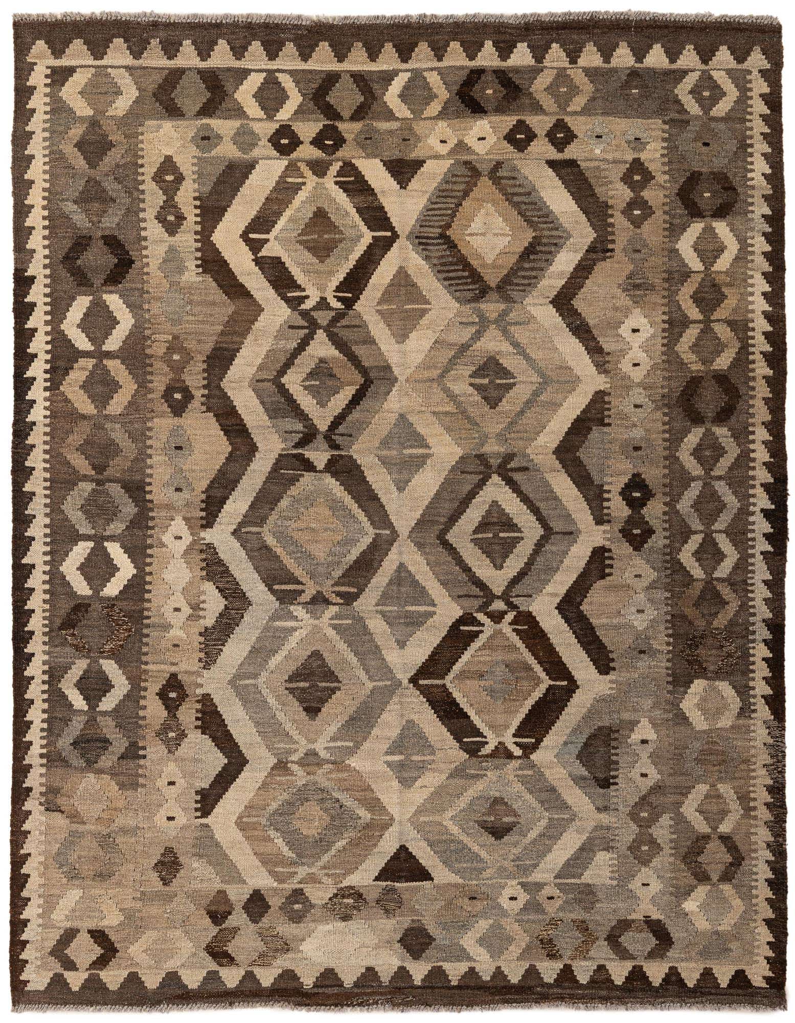 A 5x7 rectangular Kilim Maymana rug featuring a tribal geometric pattern in multi-colored wool, with shades of brown, beige, and gray.
