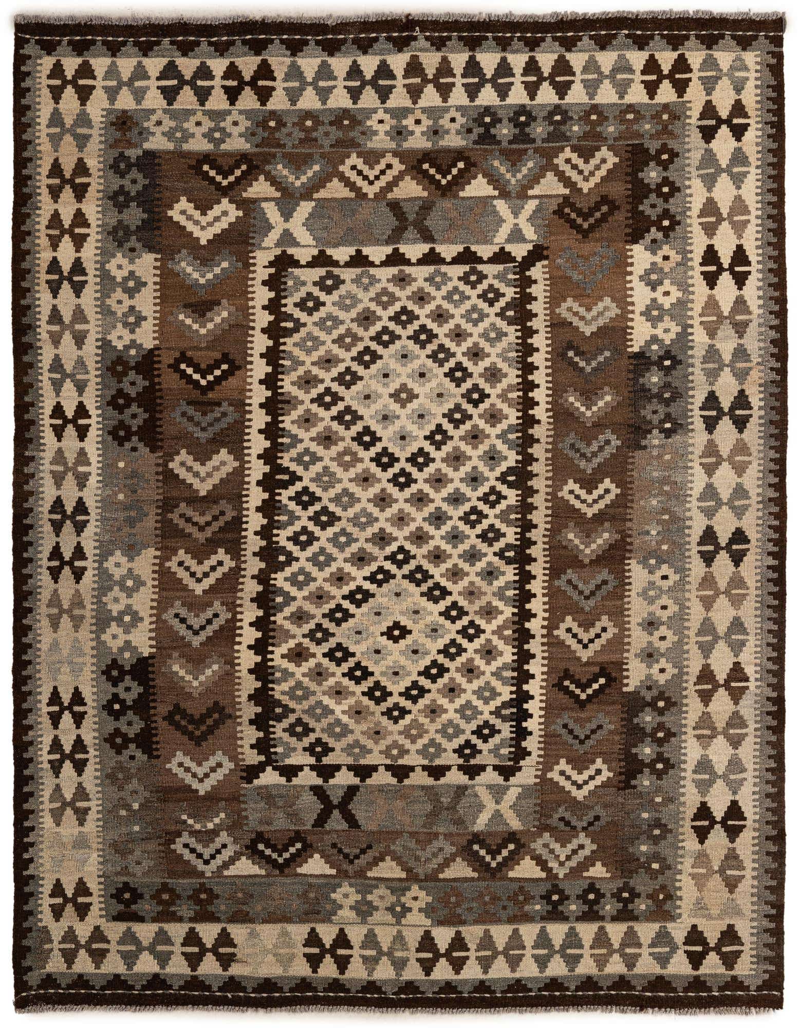A 5x7 rectangular Kilim Maymana rug with a multi-colored tribal pattern, featuring shades of brown, beige, and gray, suitable for indoor use.