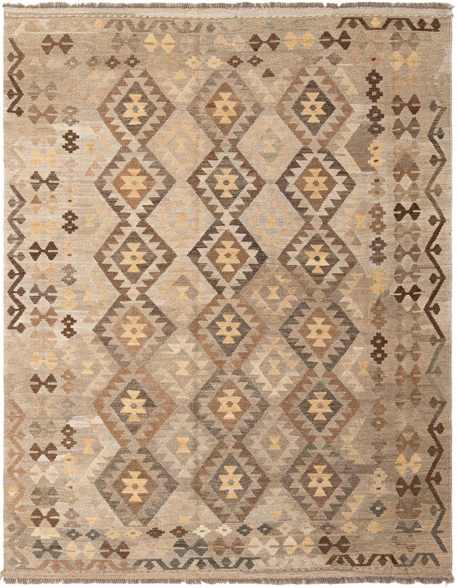 A 6x9 rectangular Kilim Maymana rug with a multi-colored tribal diamond pattern in shades of brown, beige, and gold.