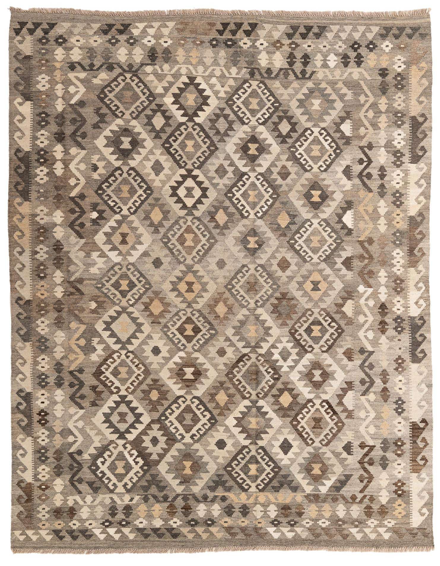 A 6x9 rectangular Kilim Maymana rug featuring a tribal geometric pattern in shades of brown, beige, and cream.