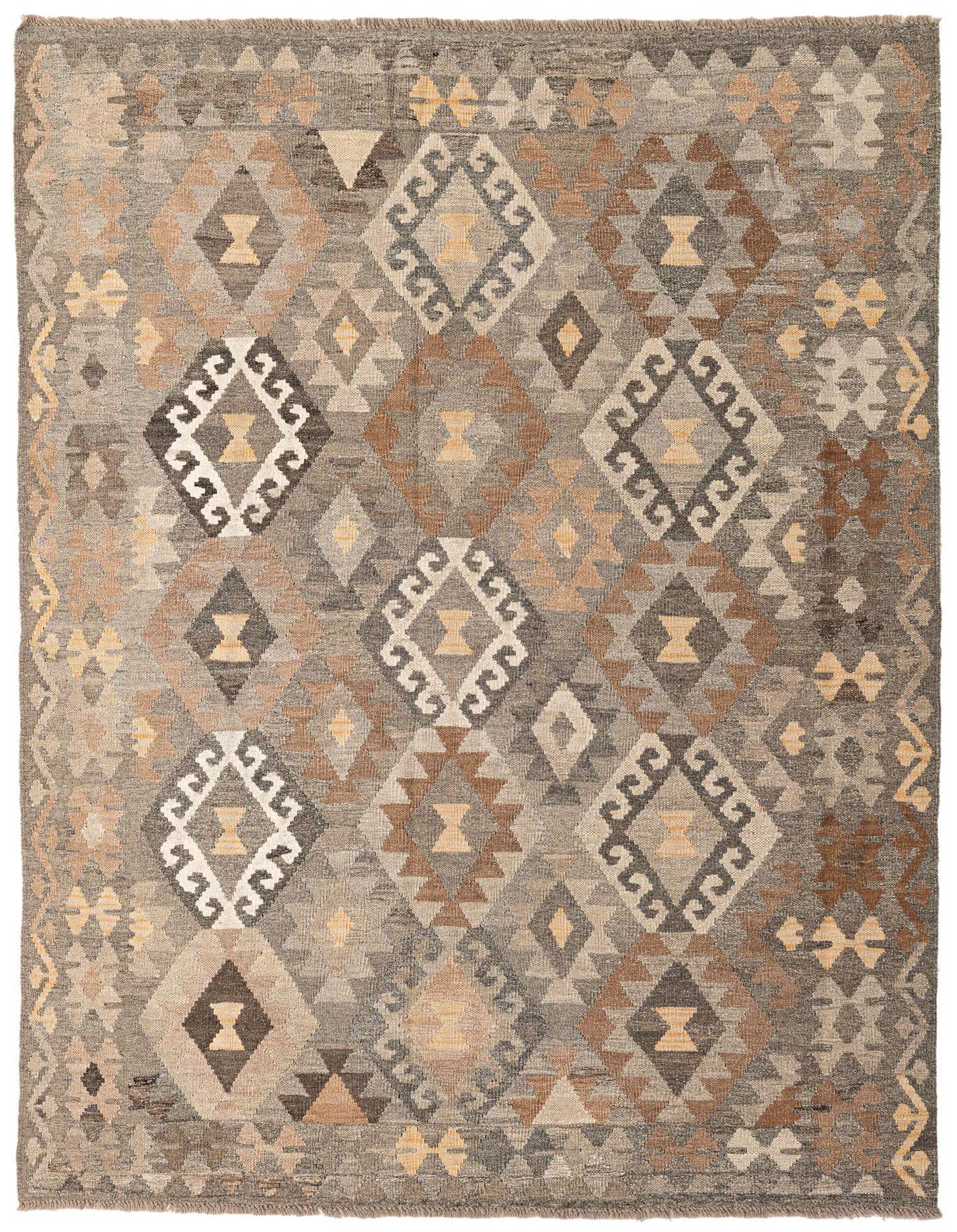 A 6x9 rectangular Kilim Maymana rug featuring a multi-colored tribal geometric pattern in shades of brown, grey, and cream.