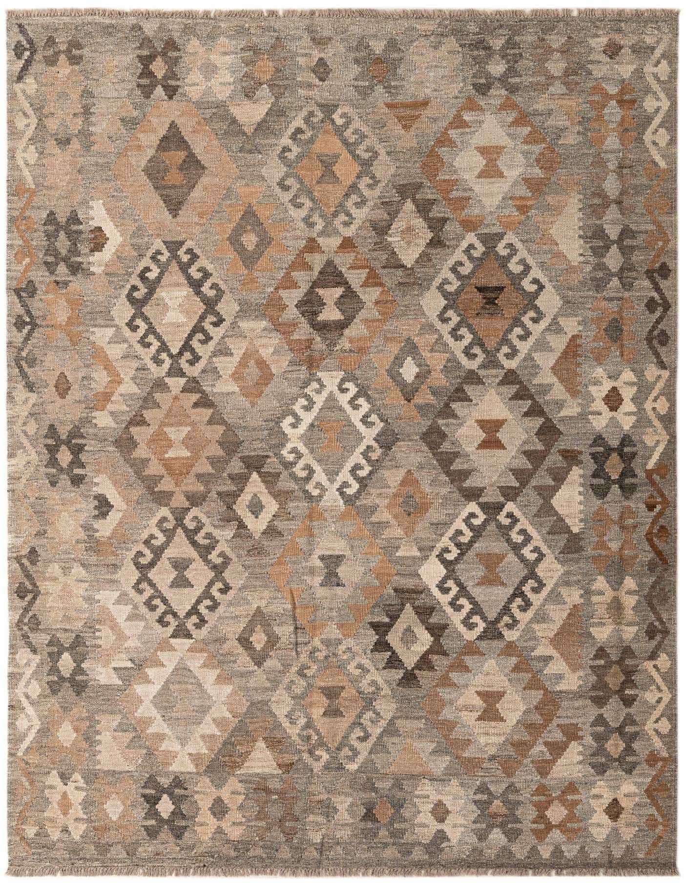 A 5x8 rectangular Kilim Maymana rug featuring a multi-colored tribal geometric pattern in shades of brown, beige, and grey.