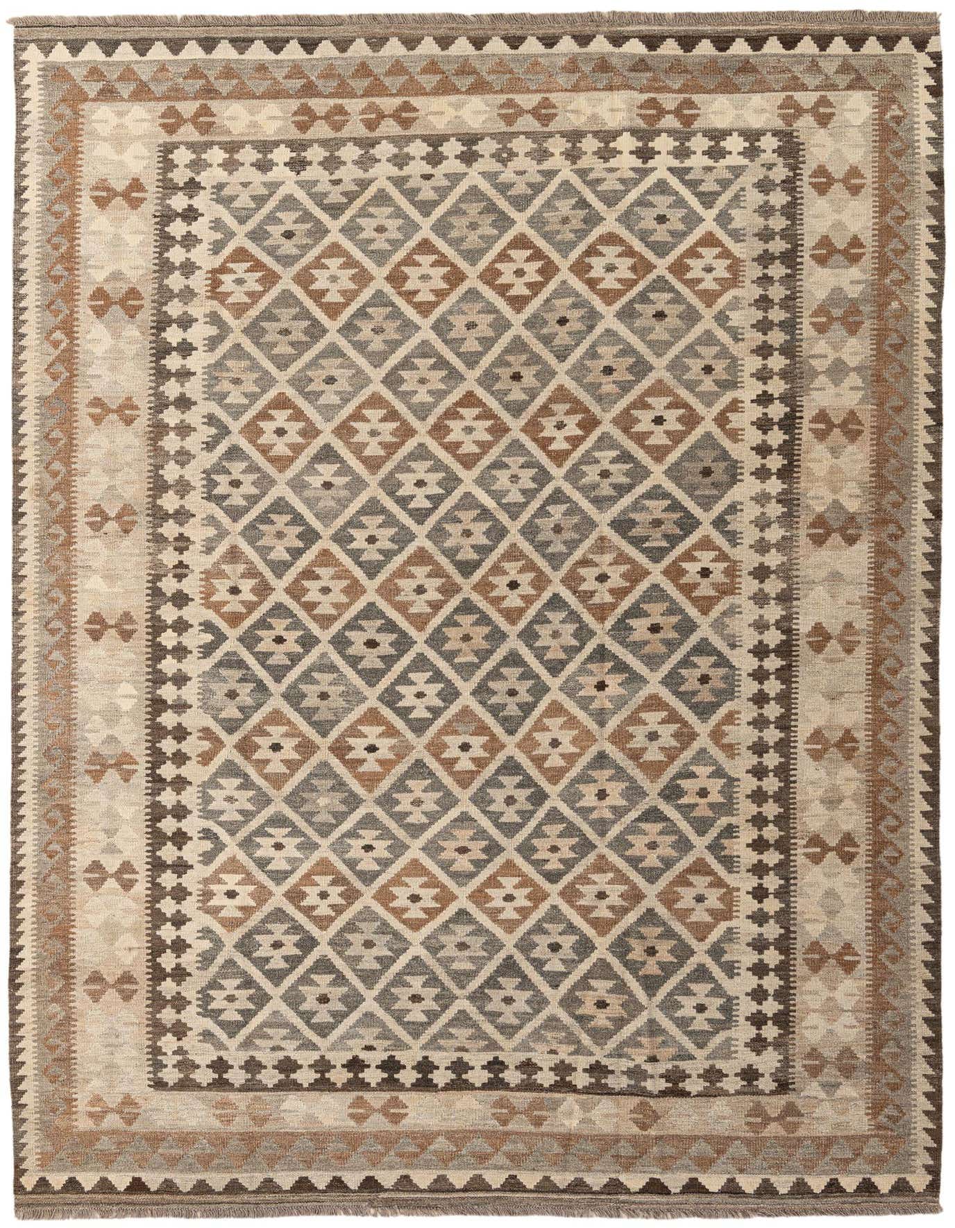 A 7x10 rectangular Kilim Maymana rug featuring a tribal geometric pattern in multi-colored wool, ideal for a living room.
