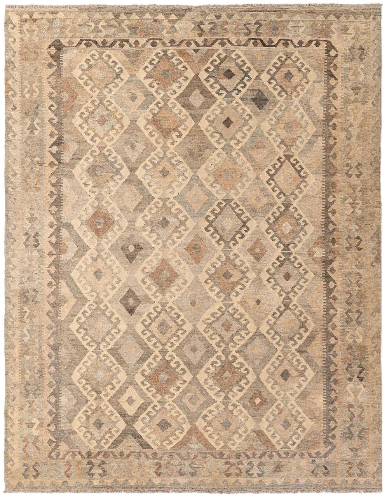A 7x10 rectangular Kilim Maymana rug featuring a tribal diamond pattern in multi-colored wool, ideal for a living room.