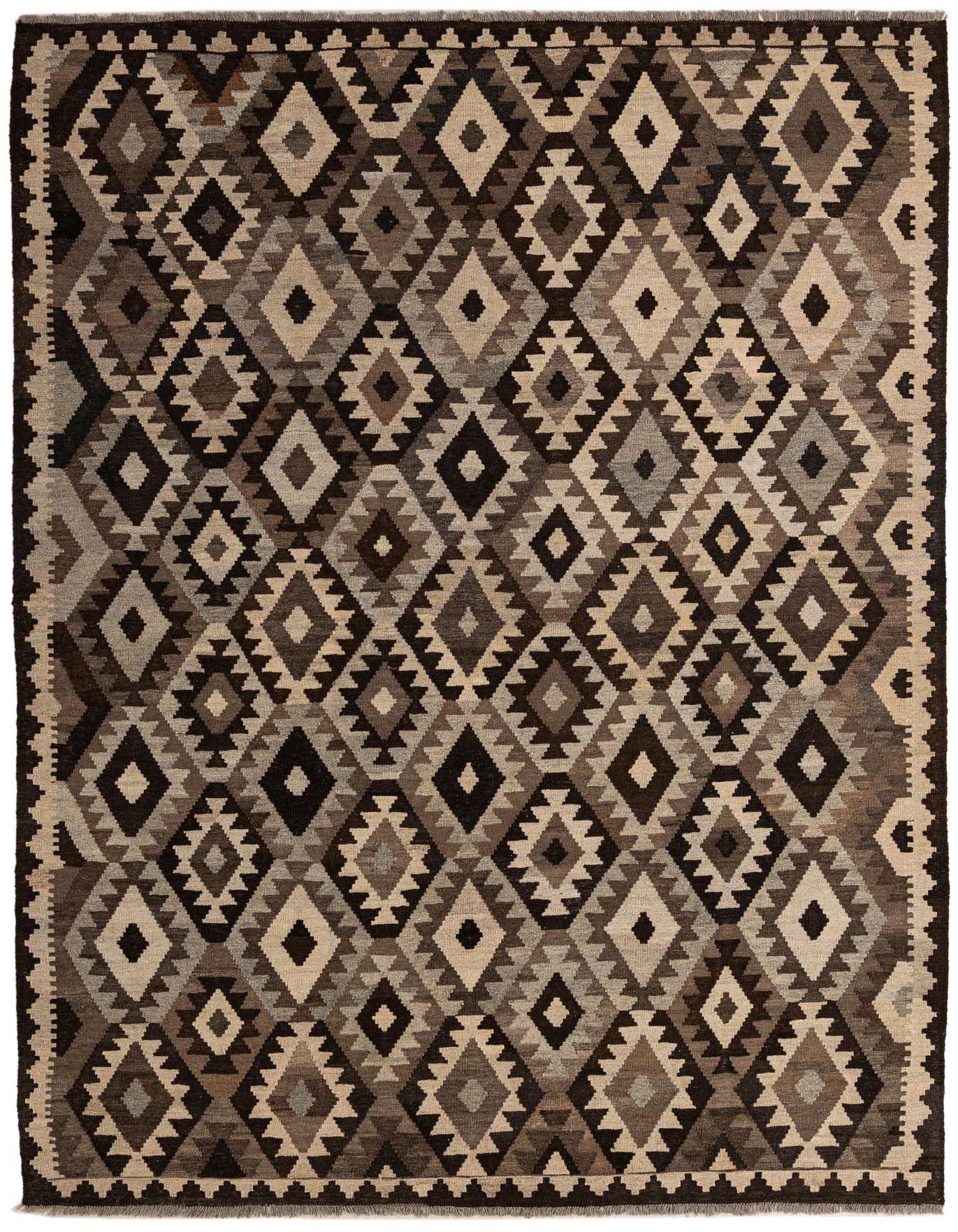 A 7x10 rectangular Kilim Maymana rug featuring a tribal geometric diamond pattern in shades of brown, beige, and black.