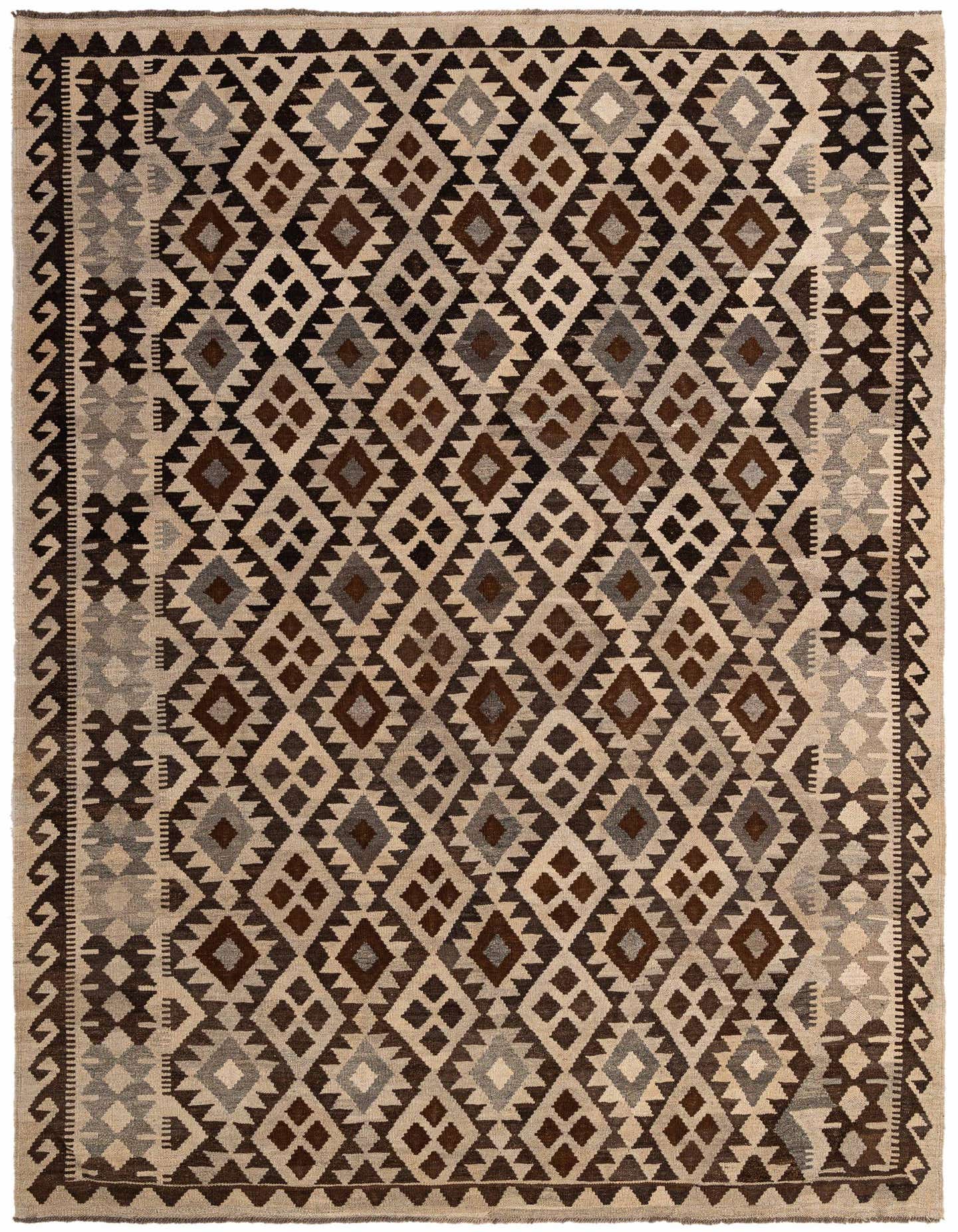 A 7x10 rectangular flatweave rug with a multi-colored diamond and tribal pattern in shades of brown, grey, and beige.