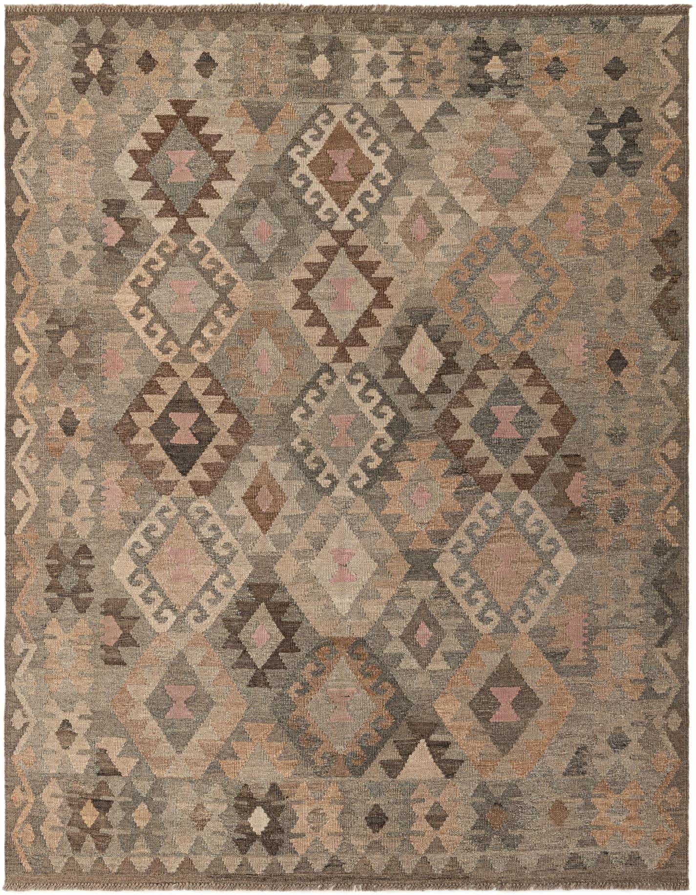 A 5x8 rectangular Kilim Maymana rug featuring a multi-colored tribal diamond pattern in shades of brown, beige, and pink.