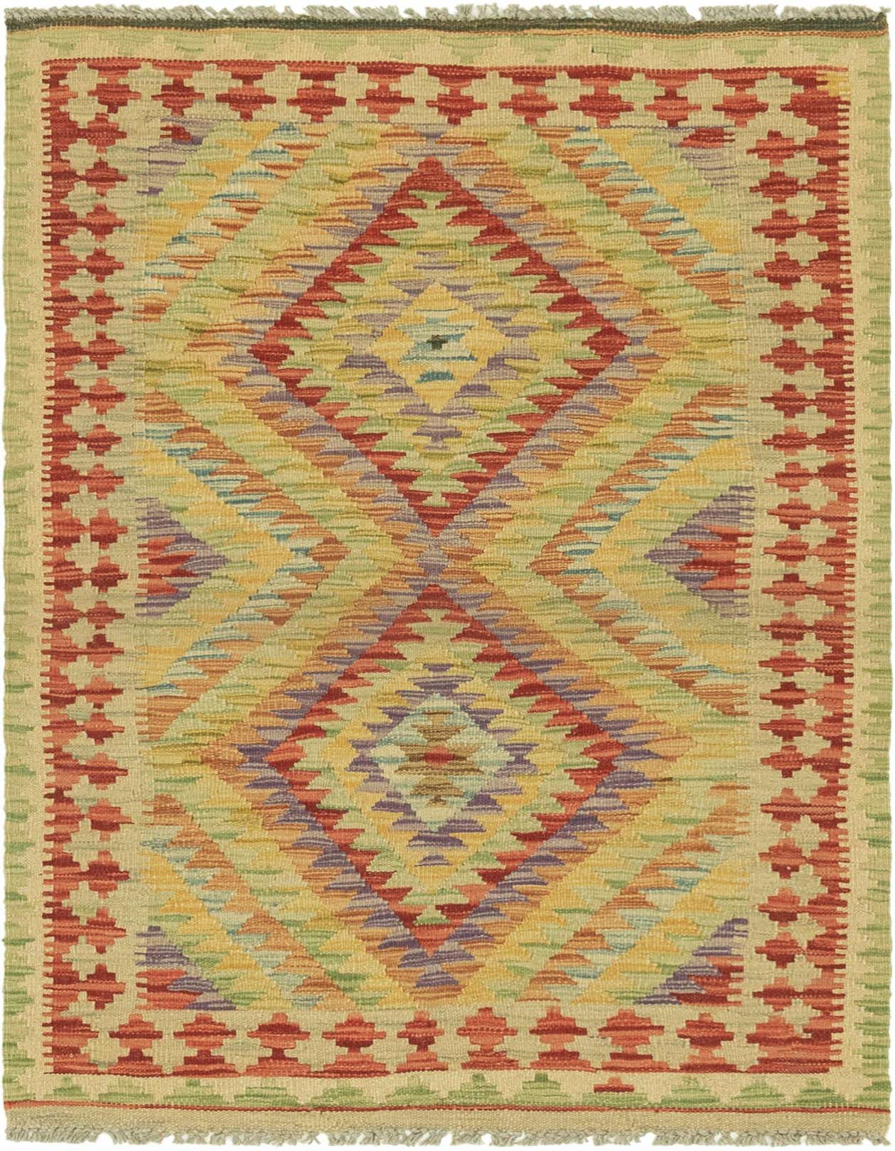 A 3x4 rectangular multi-colored Kilim Maymana rug with Southwestern and tribal patterns, featuring large central diamonds and a border.
