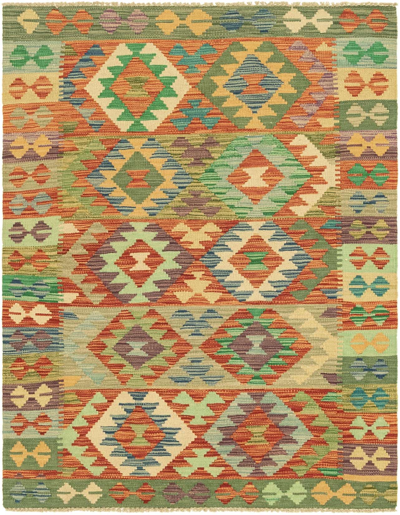 A 3x5 rectangular multi-colored wool flatweave rug with a Southwestern tribal pattern, featuring geometric diamonds and stripes in green, orange, blue, and purple hues.