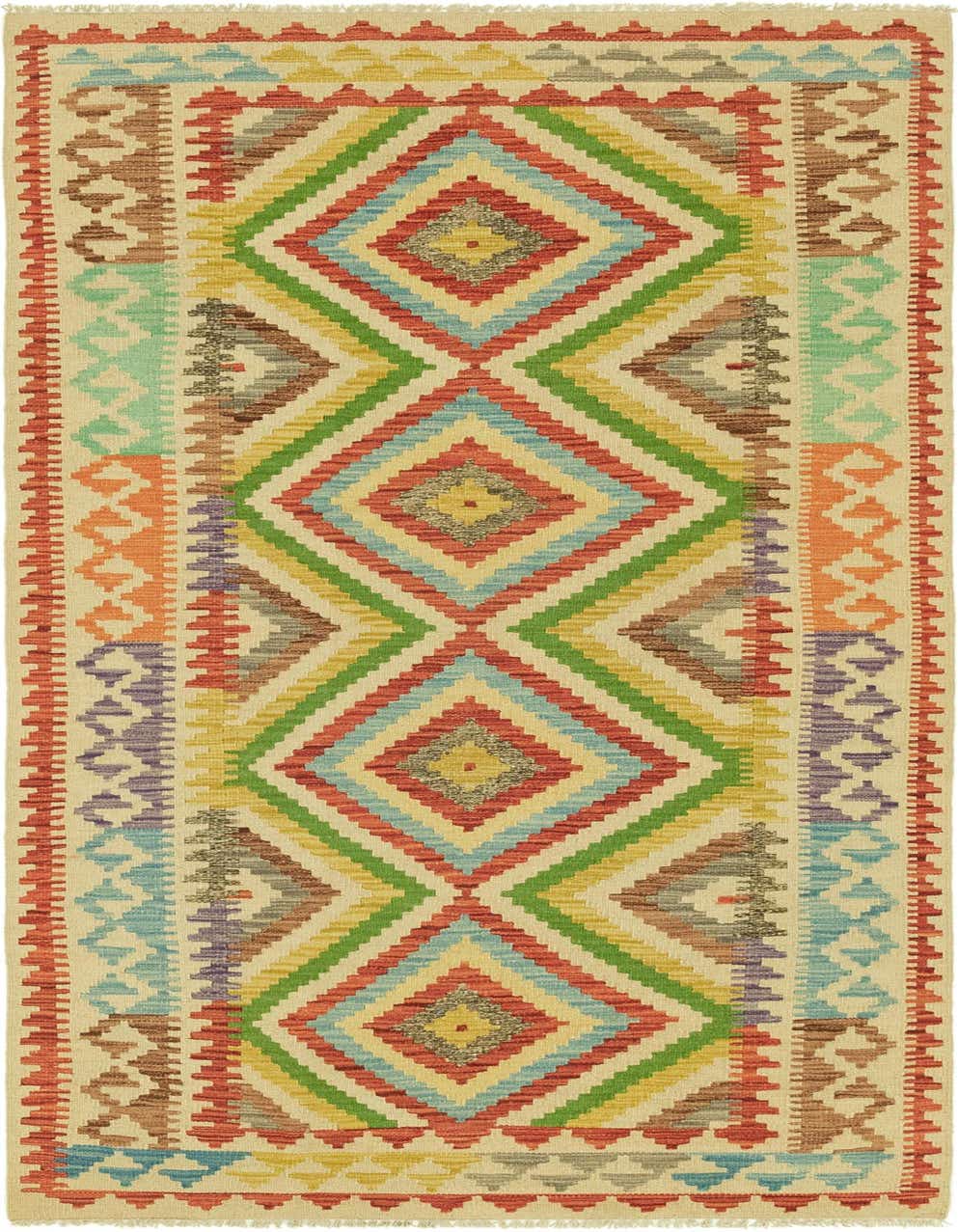 A 4x6 multi-colored rectangular Southwestern flatweave rug with a vibrant geometric diamond pattern in red, green, blue, yellow, and orange.