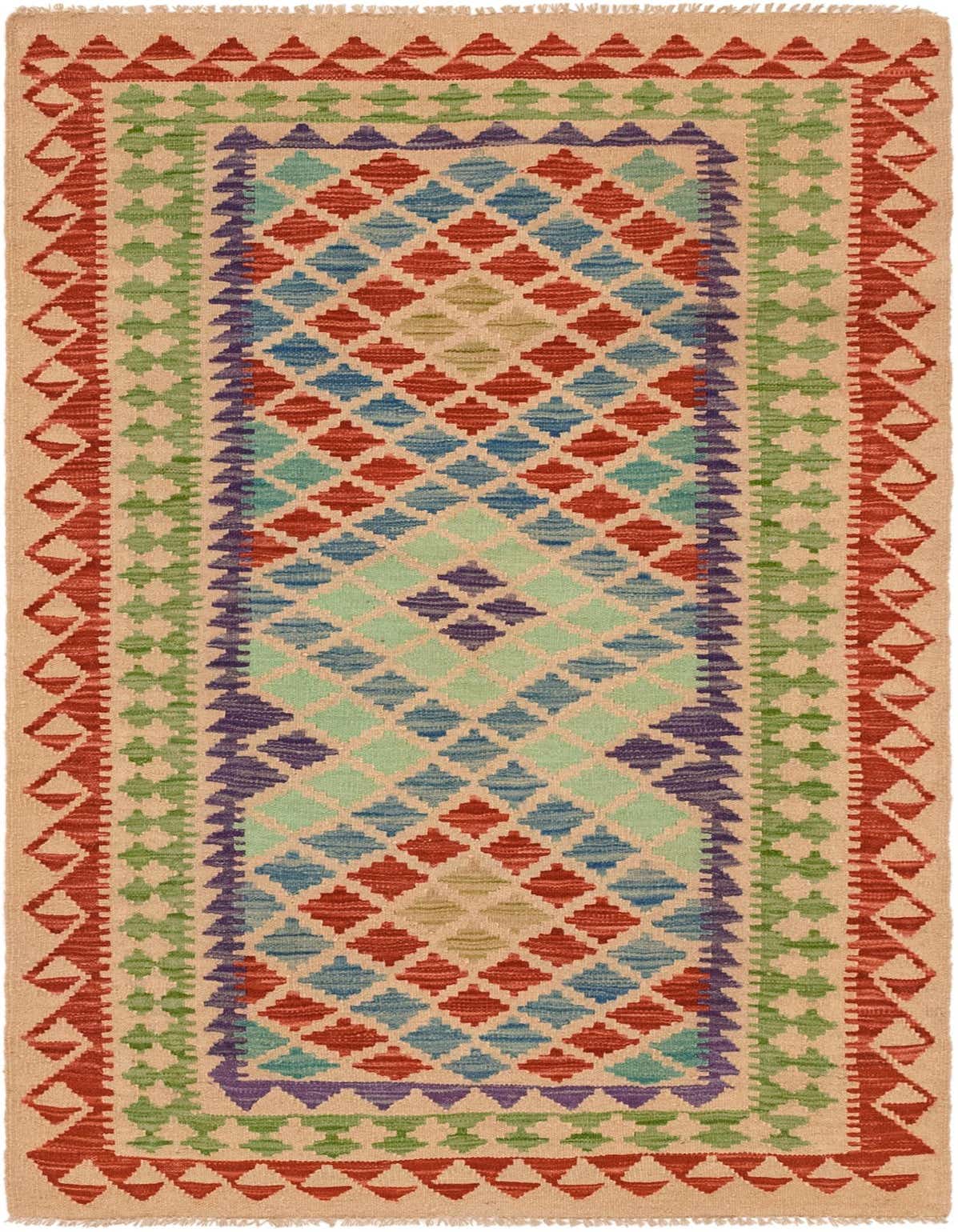 A 4x6 rectangular Kilim Maymana rug with a multi-colored tribal pattern, featuring diamond and geometric shapes in red, blue, green, and purple on a natural background.