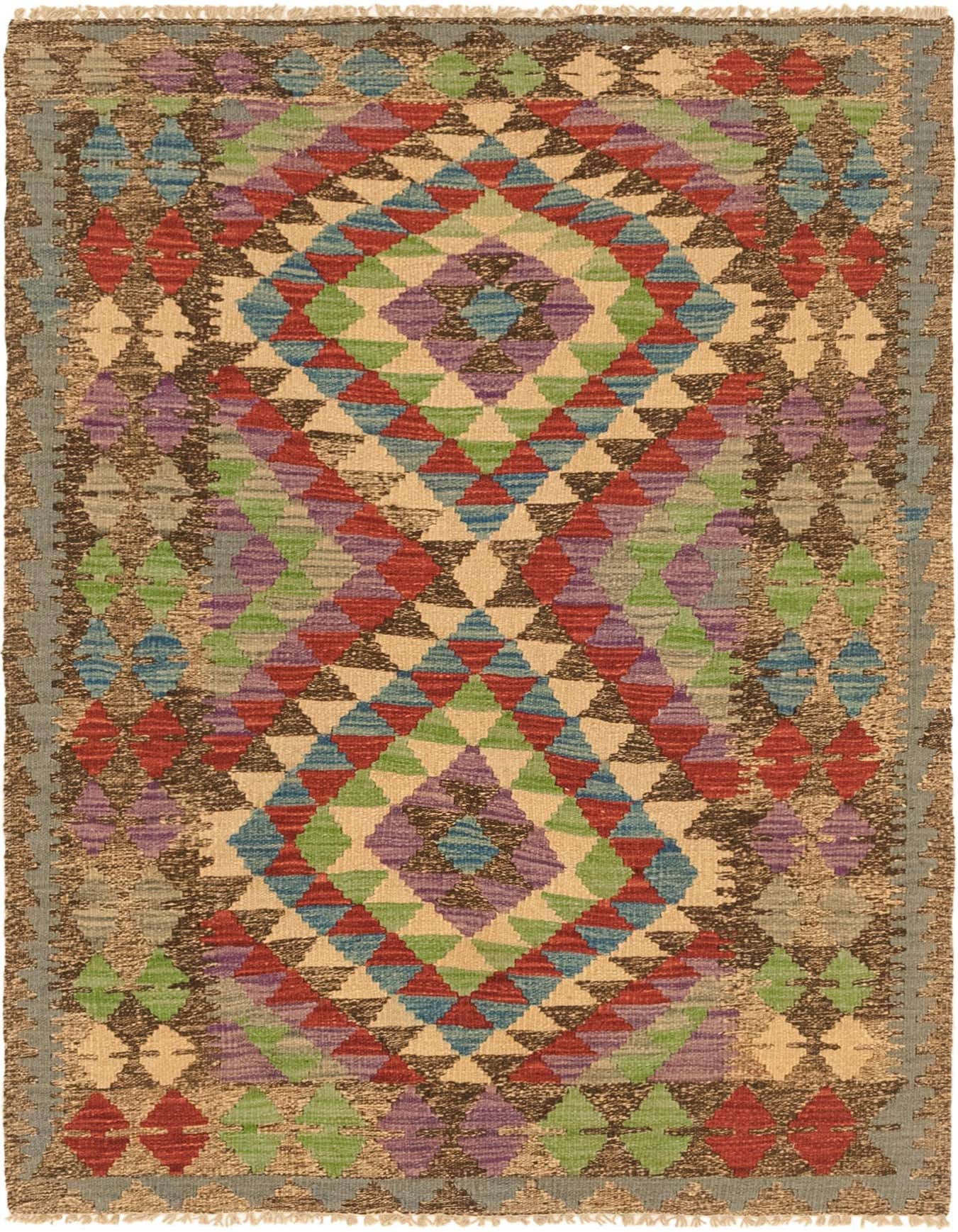 A 3x4 multi-colored rectangular Kilim Maymana wool rug with a vibrant tribal medallion pattern.