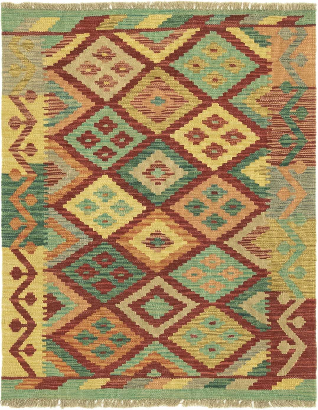 A 3x4 multi-colored rectangular Kilim Maymana rug with Southwestern and tribal diamond patterns in red, yellow, and teal.