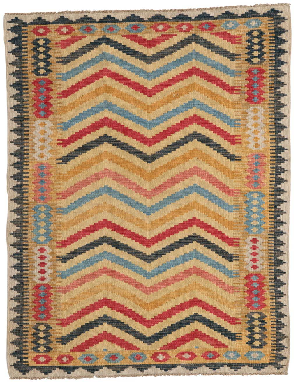 A 4x6 rectangular Kilim Maymana rug with a multi-colored Southwestern chevron pattern and tribal borders.