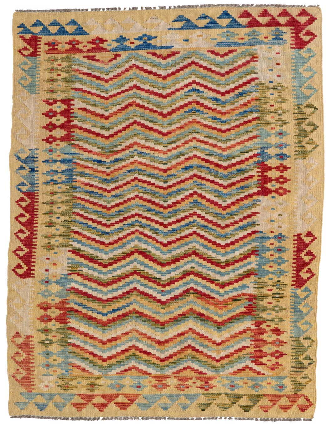 A 4x6 multi-colored rectangular Kilim Maymana rug with a vibrant Southwestern zigzag pattern and tribal motifs.
