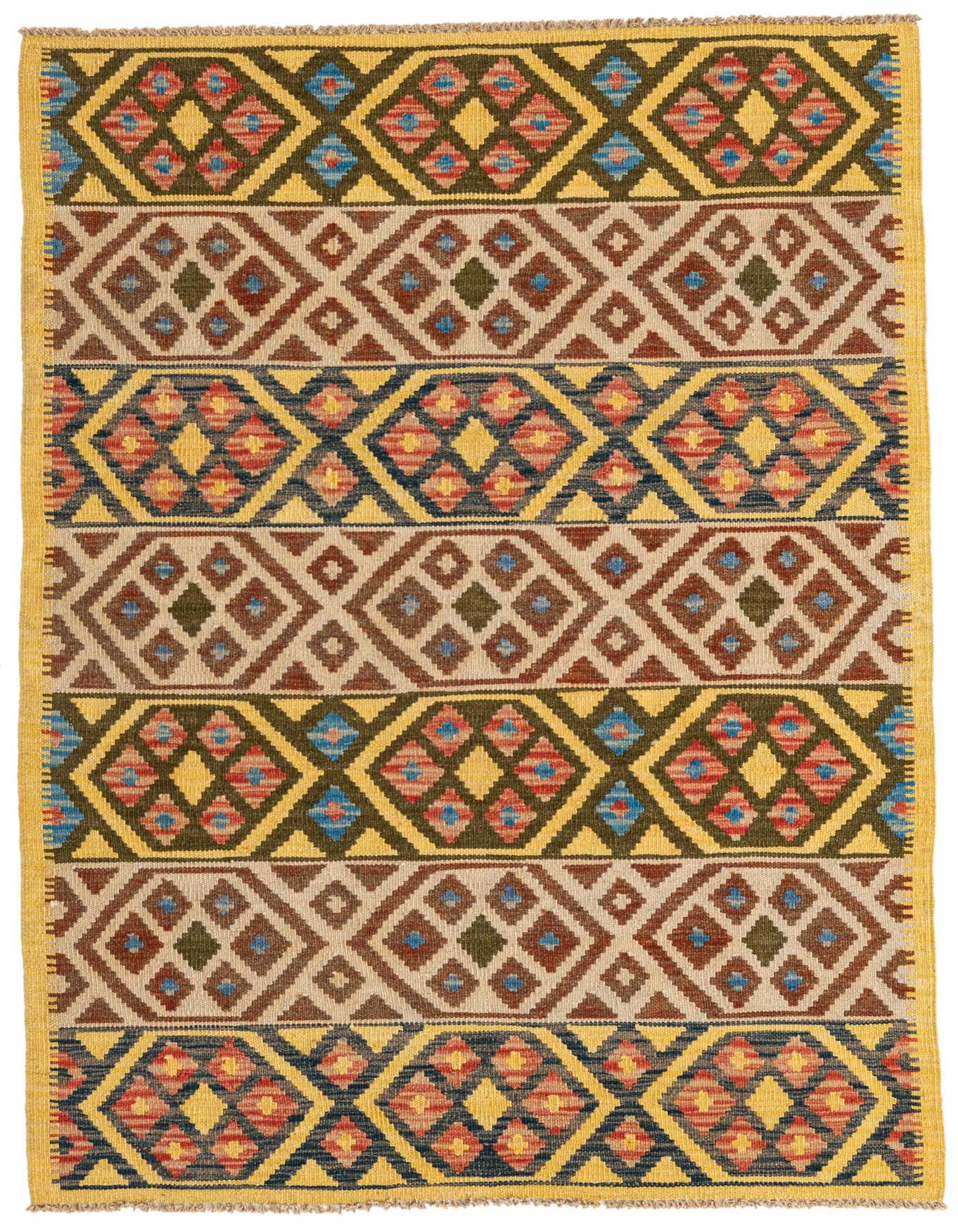 A vibrant 3x5 rectangular Kilim Maymana rug with Southwestern and tribal patterns in multi-colored wool, featuring geometric diamonds and stripes.