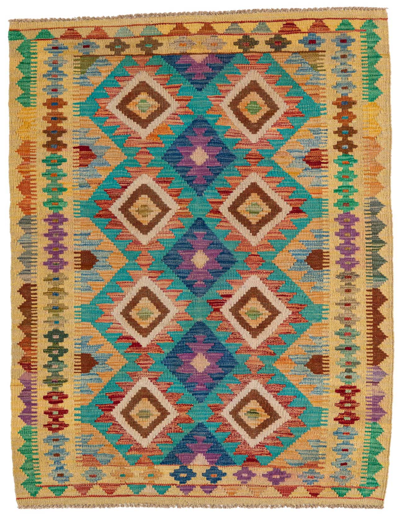 A vibrant 3x5 multi-colored rectangular Kilim Maymana rug with Southwestern tribal patterns, featuring diamonds and geometric shapes.