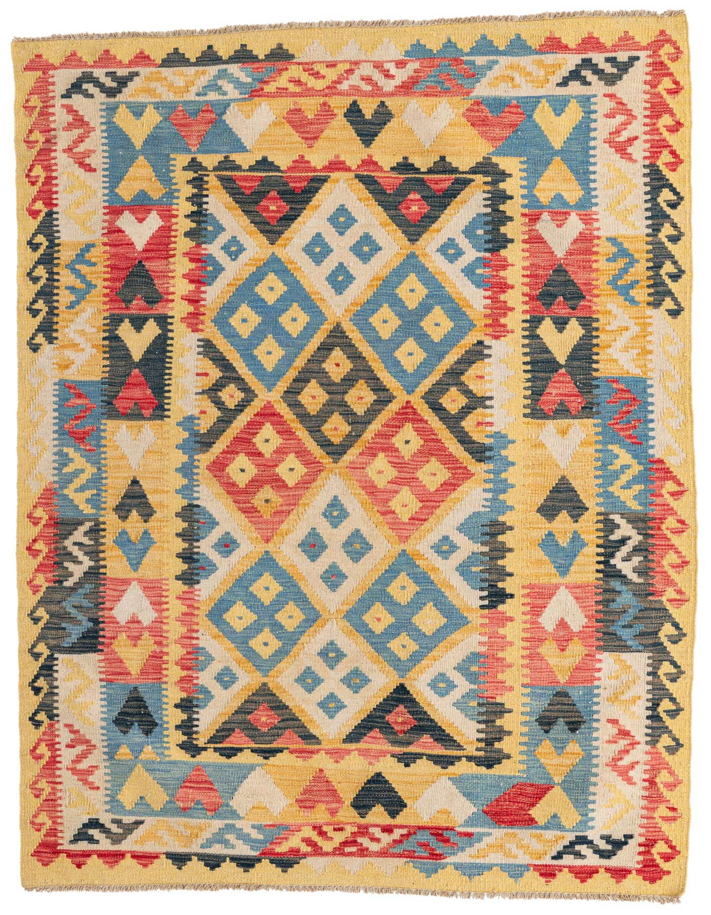 A 4x6 rectangular Kilim Maymana rug with a vibrant Southwestern pattern in multi-colored wool, featuring geometric diamonds and triangles.