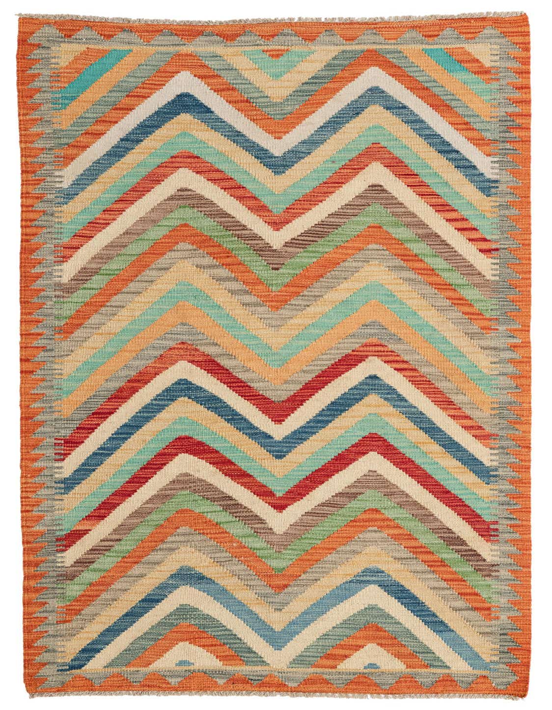 A 4x6 rectangular Kilim Maymana rug featuring a vibrant multi-colored chevron pattern with an orange border, suitable for various indoor rooms.