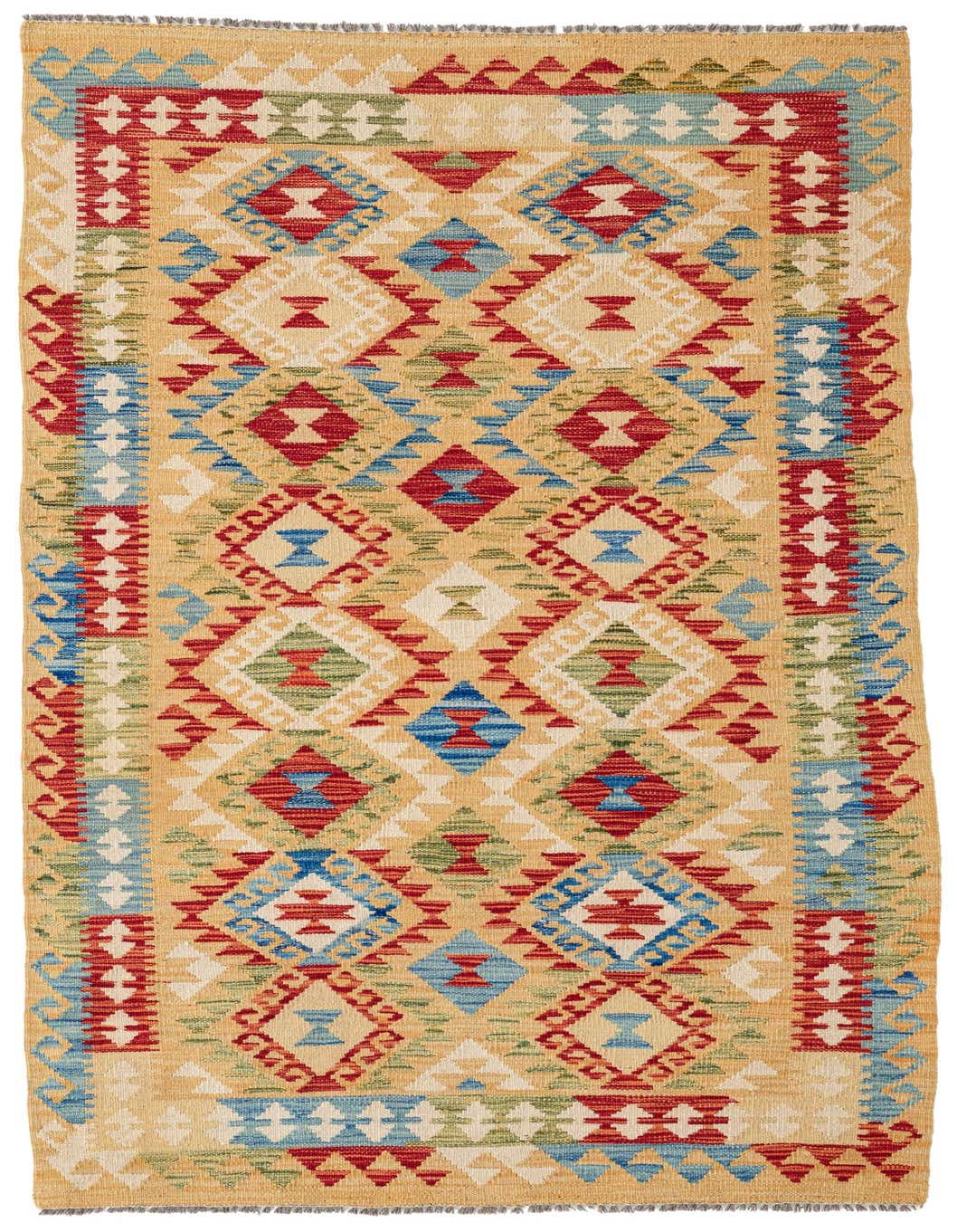 A 4x6 rectangular Kilim Maymana rug with a Southwestern tribal pattern in multi-colored wool, featuring red, blue, green, and cream geometric designs on a gold background.