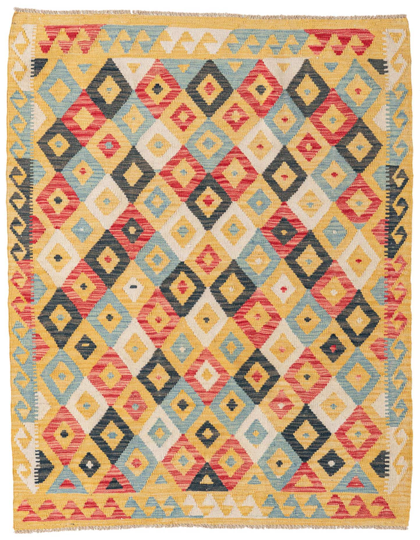 A 4x6 multi-colored Southwestern flatweave rug with a vibrant diamond pattern in red, blue, yellow, and cream.