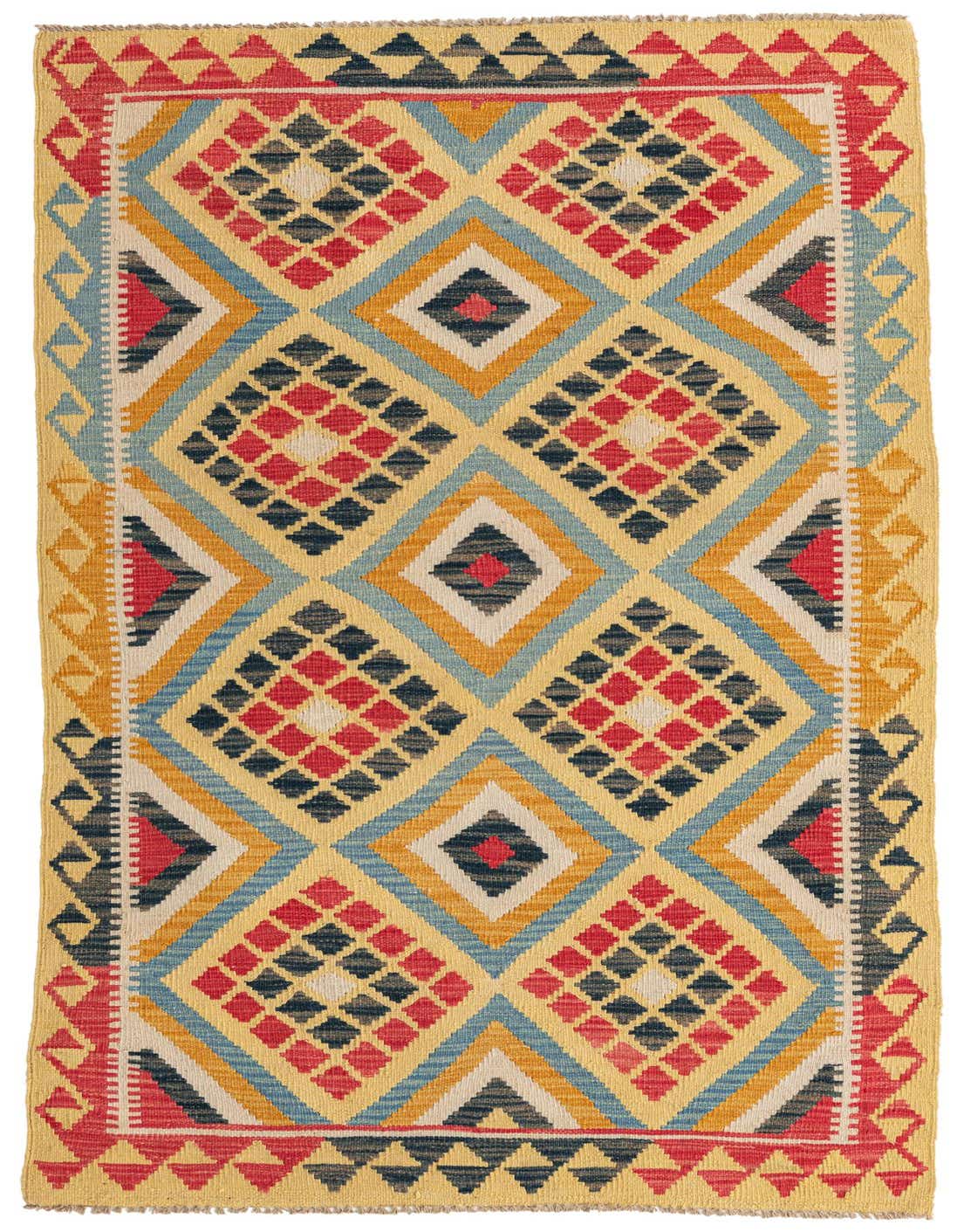 A 4x6 rectangular Kilim Maymana rug with a vibrant Southwestern pattern in multi-colored wool.