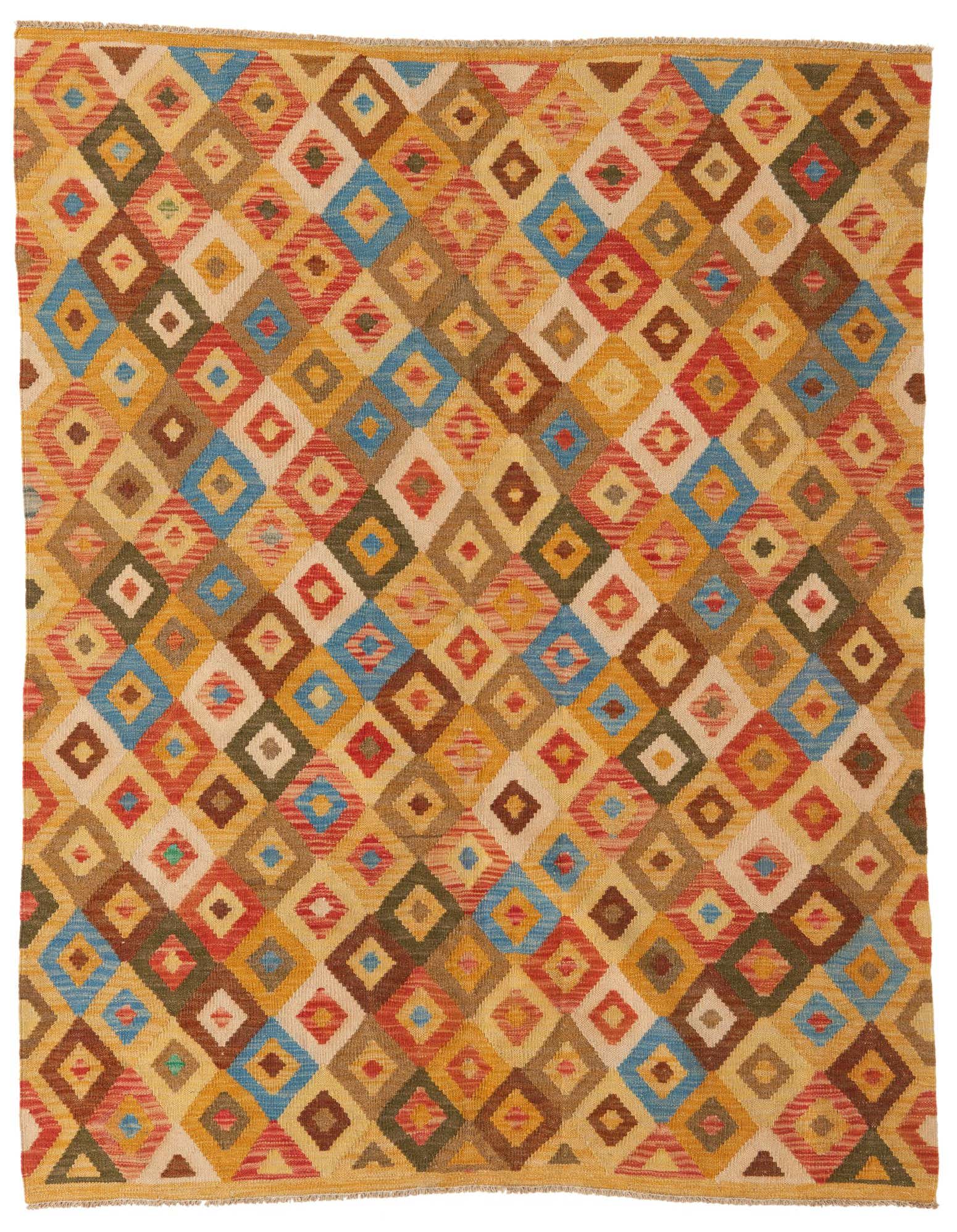 A 5x8 rectangular Kilim Maymana rug with a vibrant, multi-colored geometric diamond pattern on a flatweave wool surface.