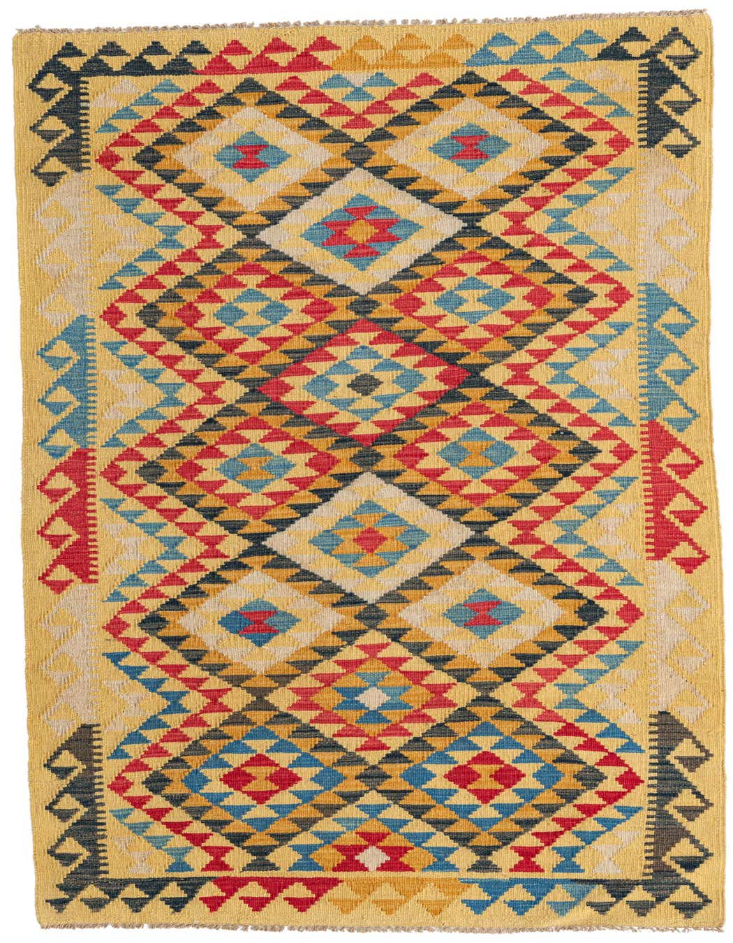 A 4x6 rectangular Kilim Maymana rug with a multi-colored Southwestern tribal pattern on a yellow background, handmade from wool.