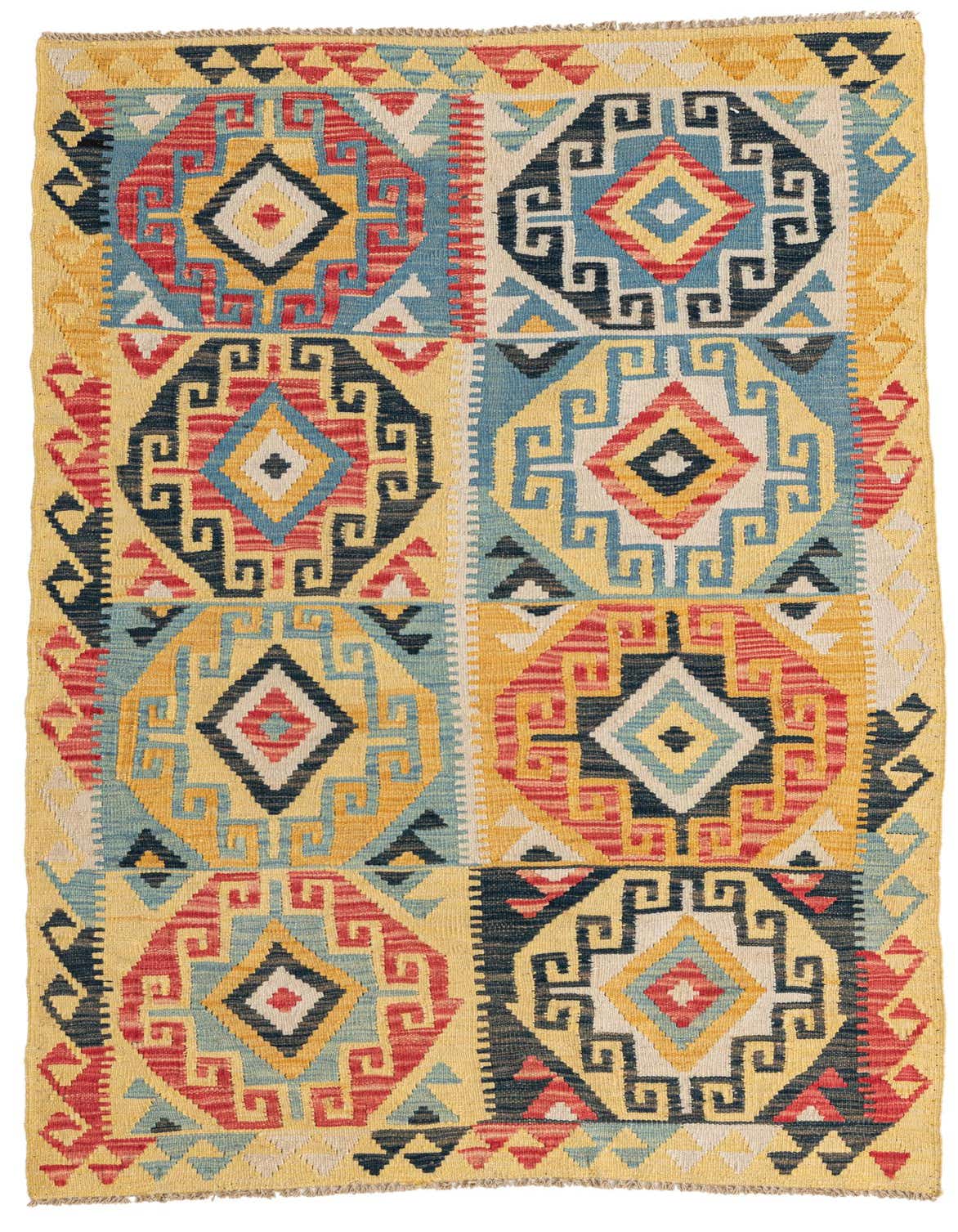 A 4x6 multi-colored Southwestern Kilim Maymana rug with a flatweave, featuring geometric patterns in yellow, red, blue, and black.