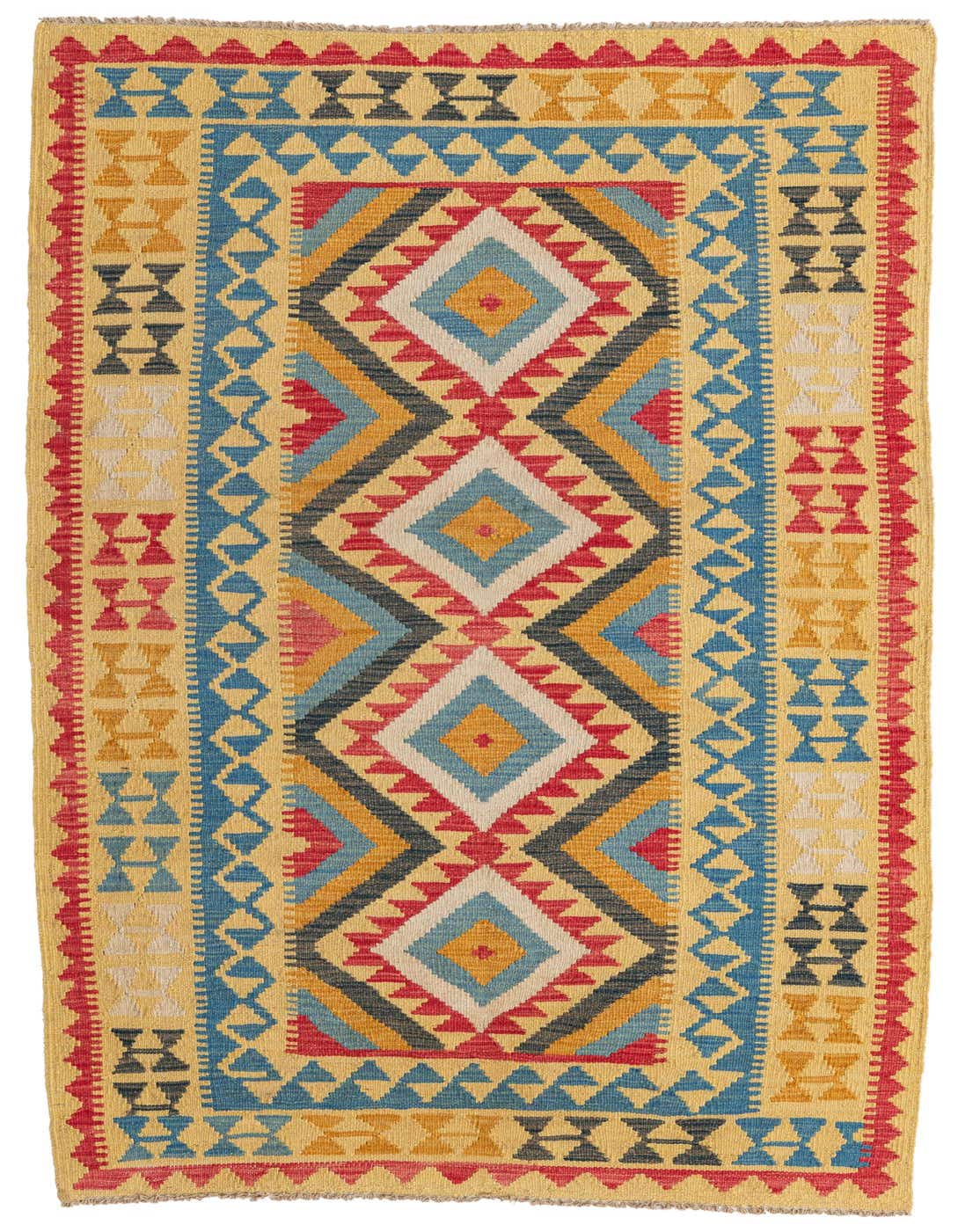 A 4x6 multi-colored rectangular Kilim Maymana rug with Southwestern and Tribal patterns, ideal for a living room.