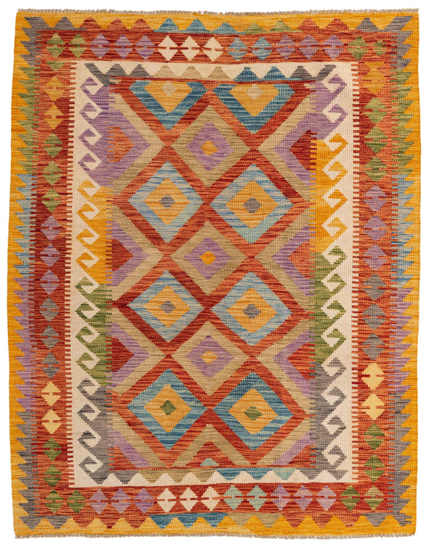 A 4x6 multi-colored Southwestern flatweave rug with a geometric diamond pattern and tribal border.