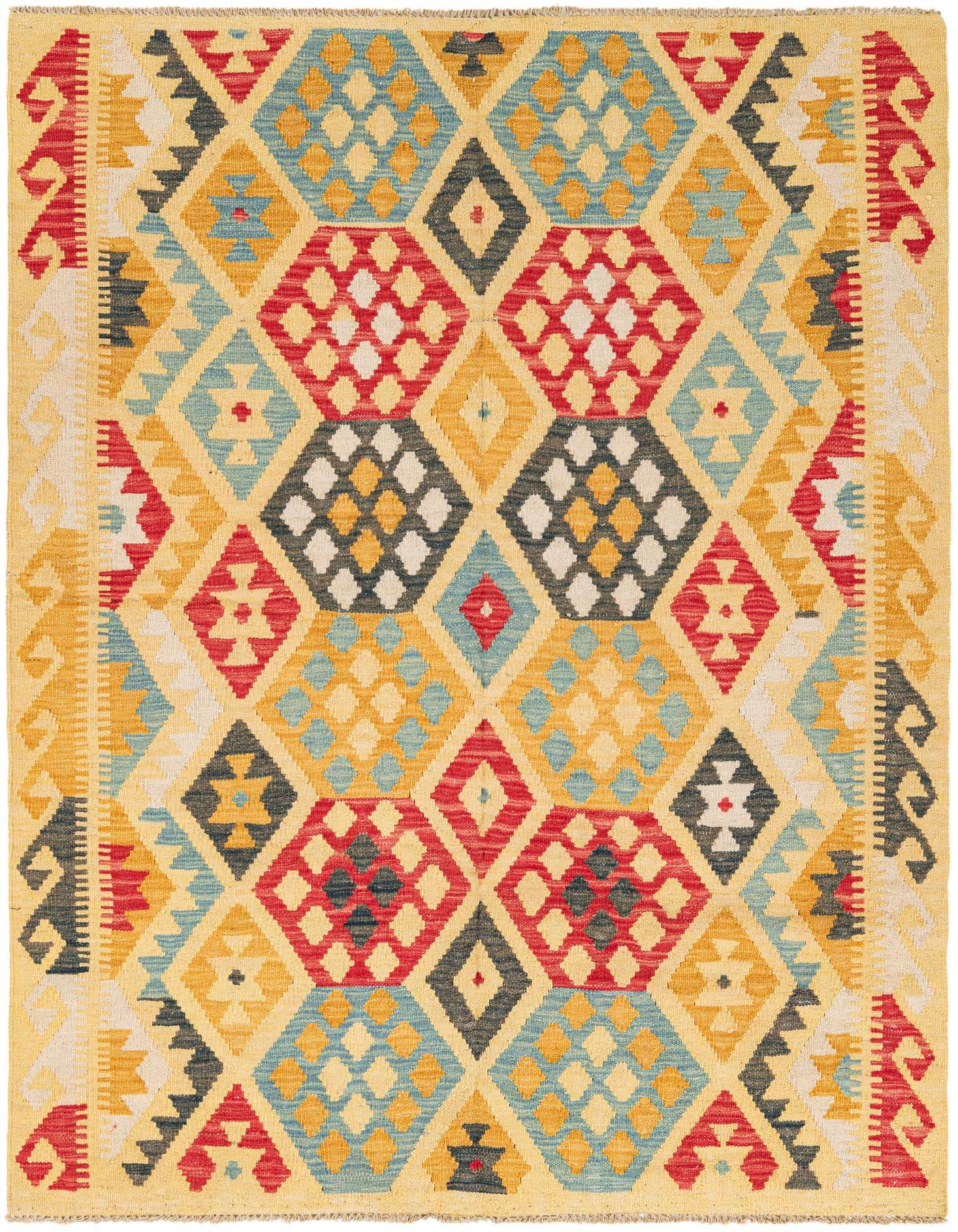 A 4x6 multi-colored Kilim Maymana flatweave rug featuring a tribal diamond pattern in red, blue, yellow, and black.