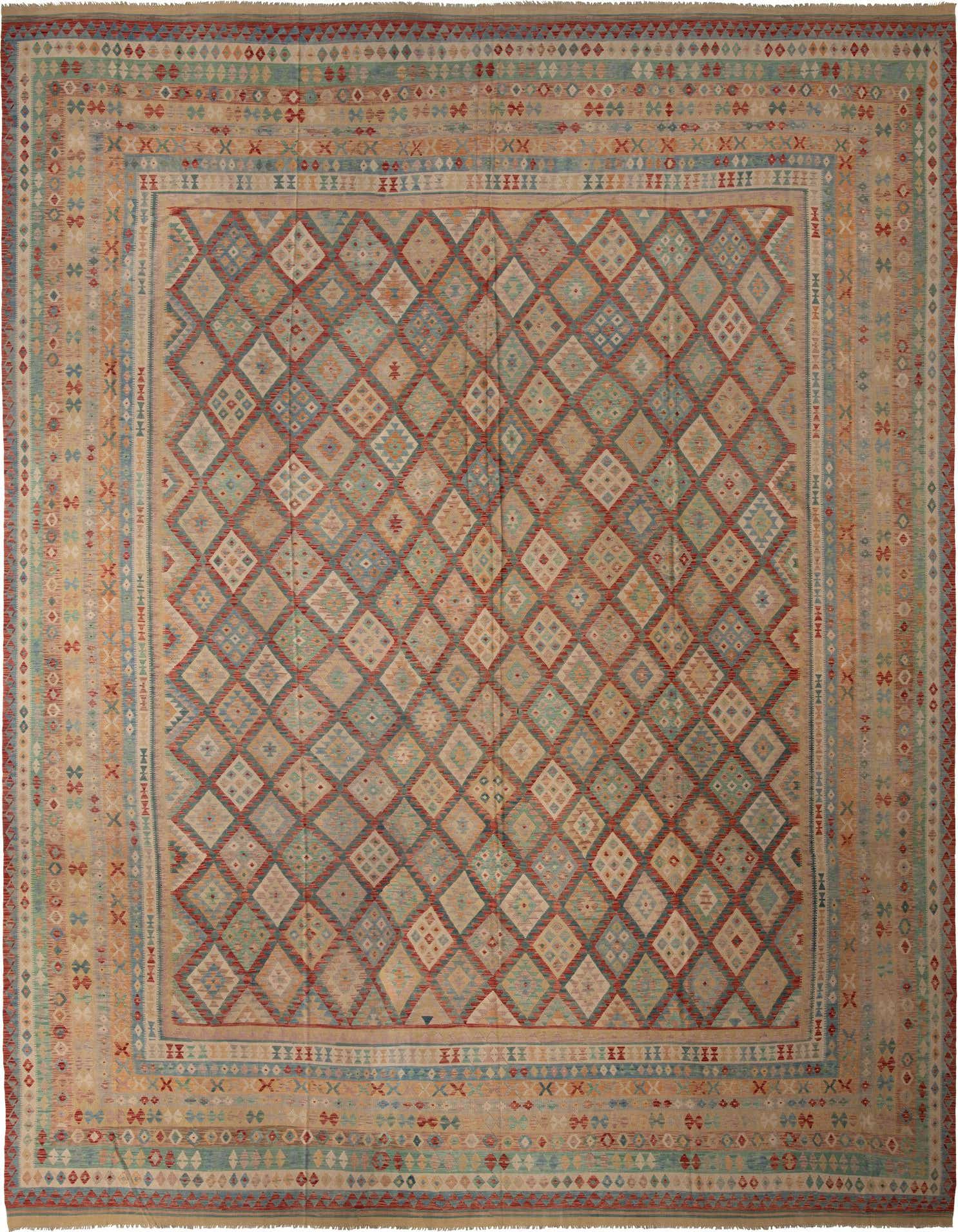 A large rectangular Kilim Maymana Palace Rug with a multi-colored tribal diamond pattern and intricate borders.